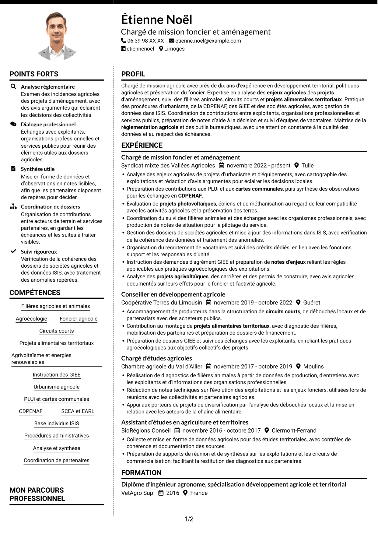 CV Moderne (format à deux colonnes avec photo à gauche et séparateur) : Chargé de mission - Agroécologie et foncier agricole, page 1