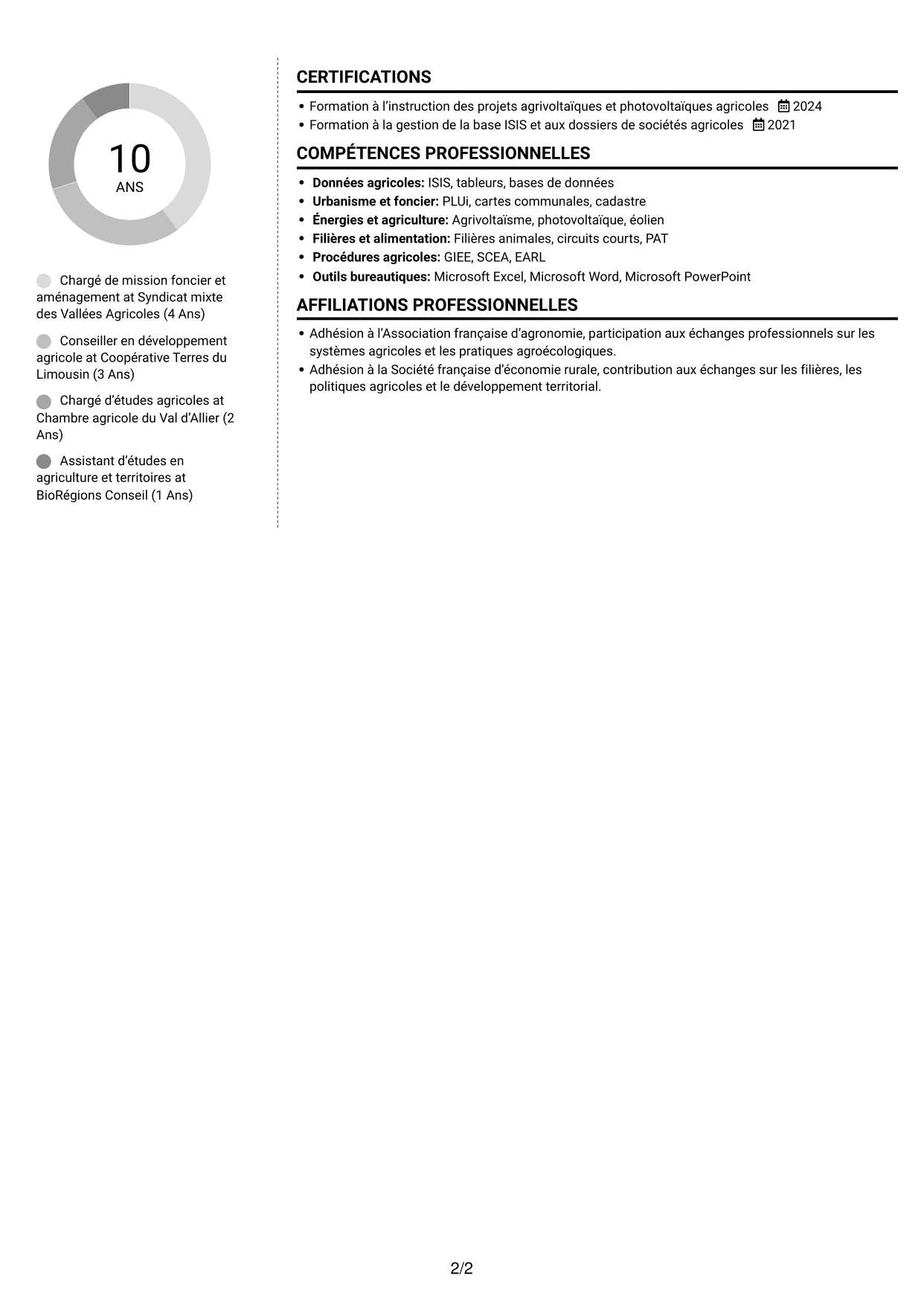 CV Moderne (format à deux colonnes avec photo à gauche et séparateur) : Chargé de mission - Agroécologie et foncier agricole, page 2