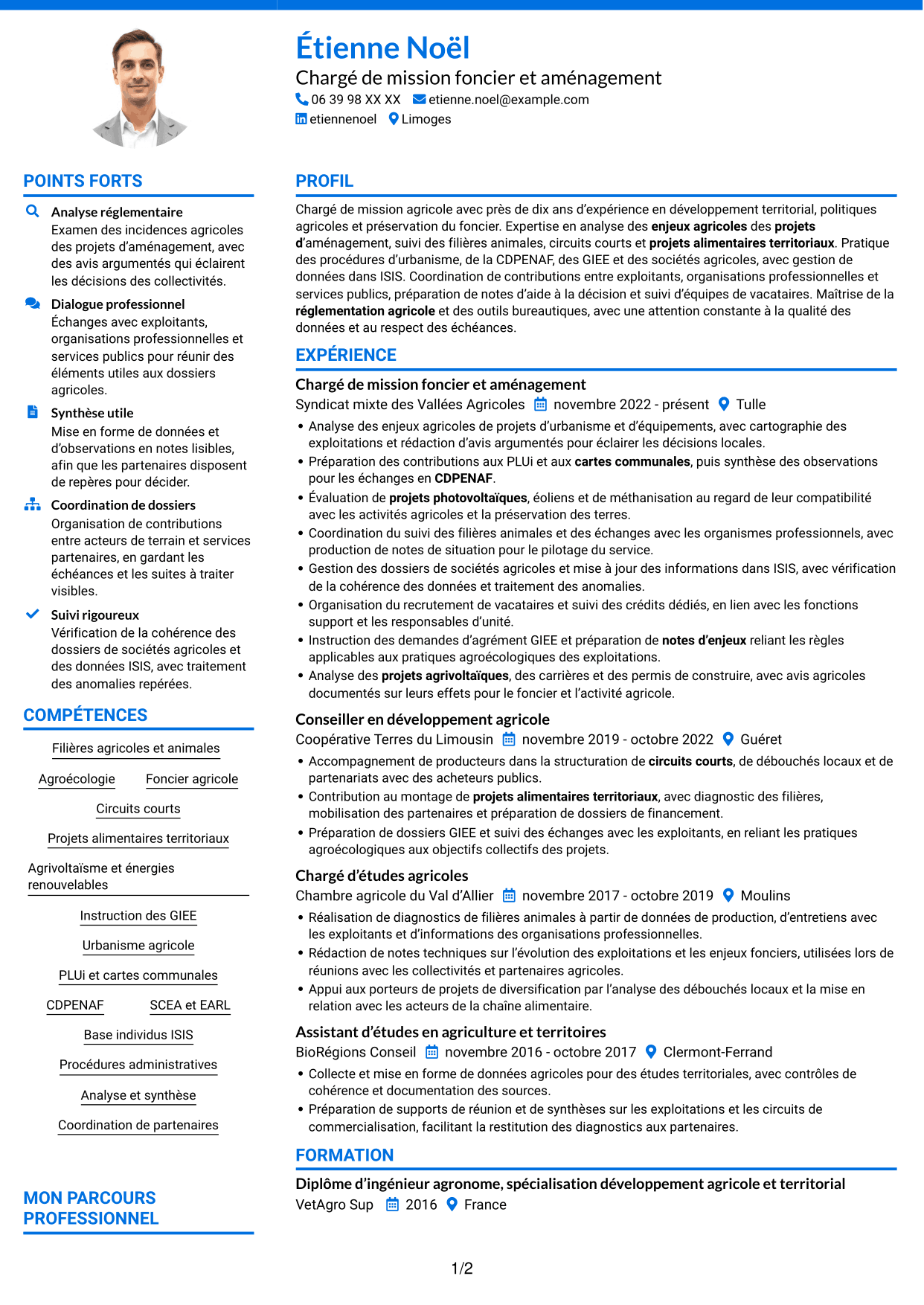 CV Audacieux (format à deux colonnes avec accents colorés et photo) : Chargé de mission - Agroécologie et foncier agricole, page 1