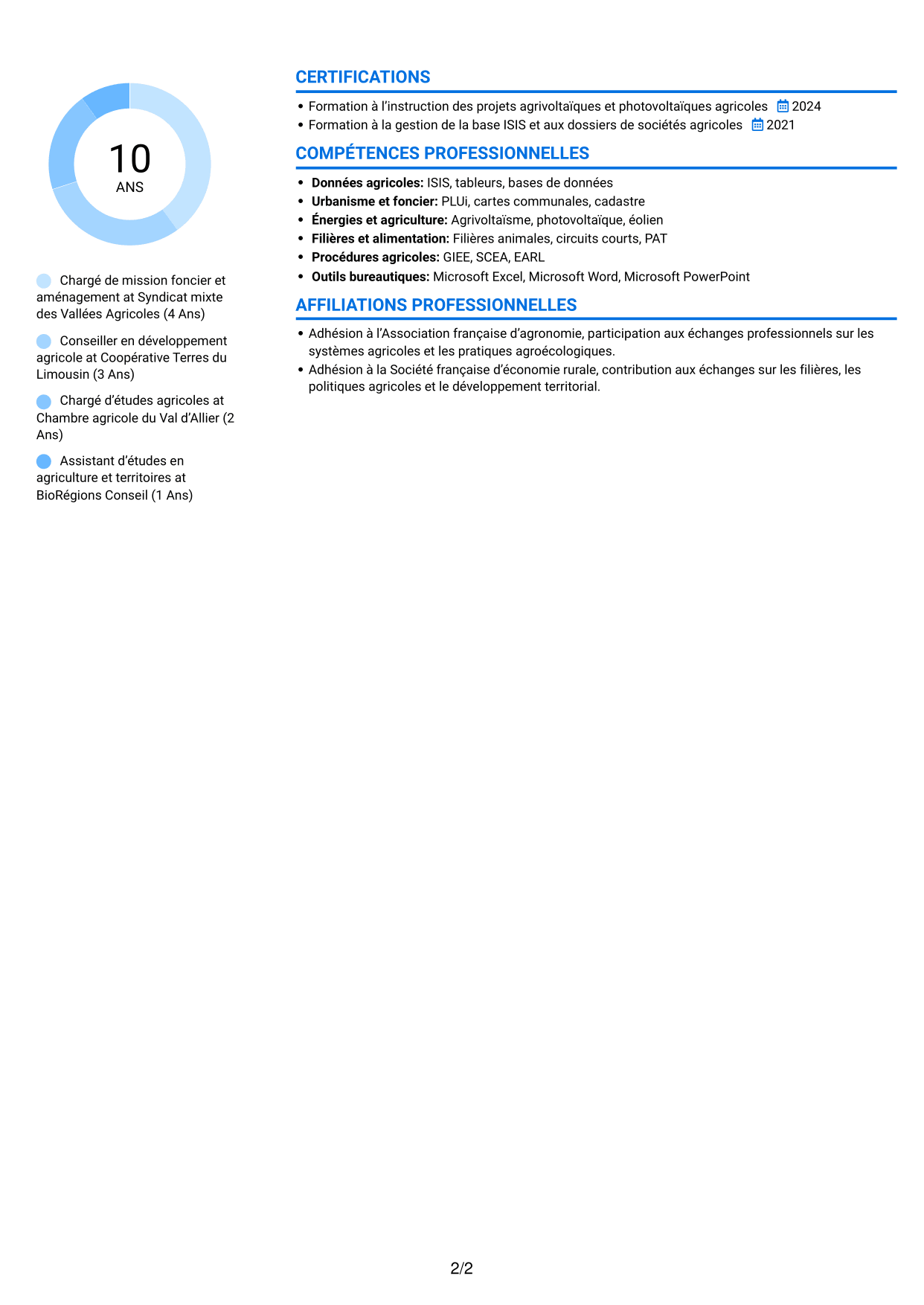 CV Audacieux (format à deux colonnes avec accents colorés et photo) : Chargé de mission - Agroécologie et foncier agricole, page 2