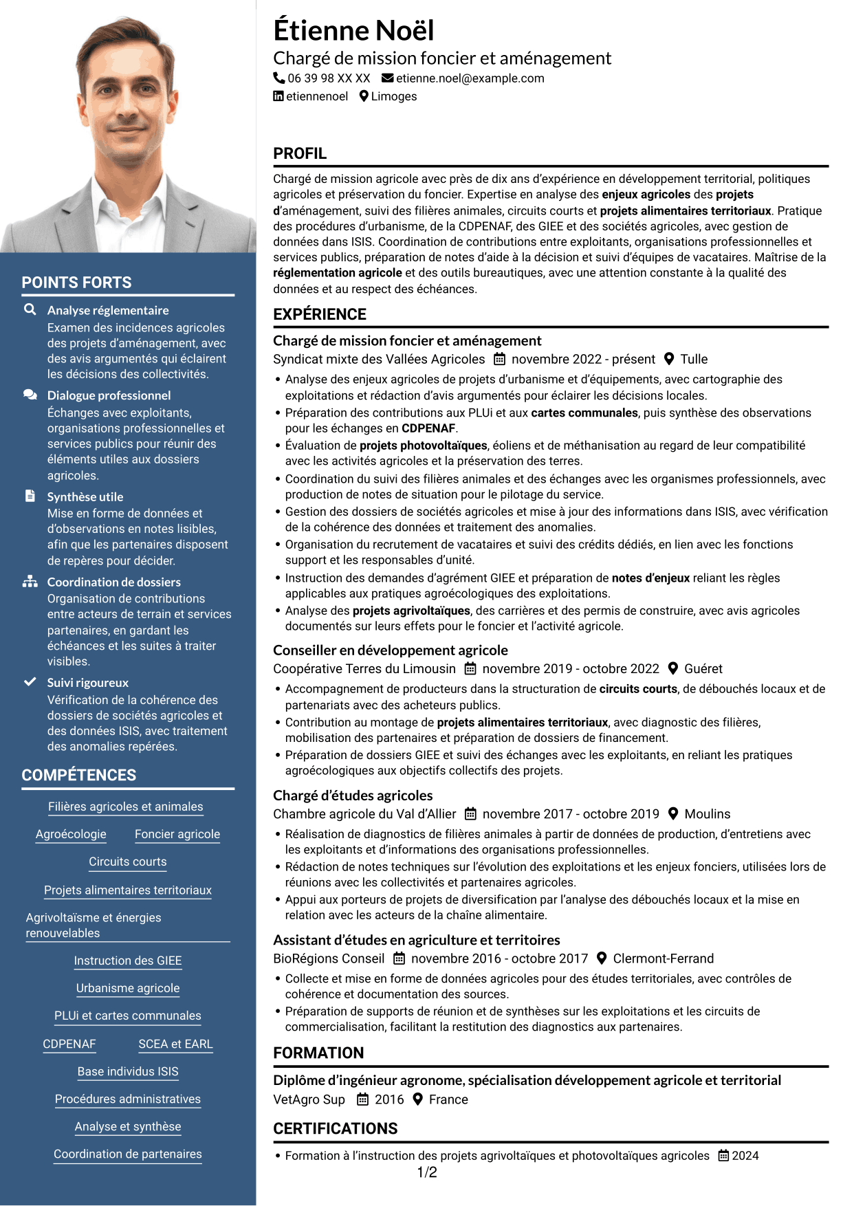 CV Signature (format à colonne latérale colorée avec grande photo) : Chargé de mission - Agroécologie et foncier agricole, page 1
