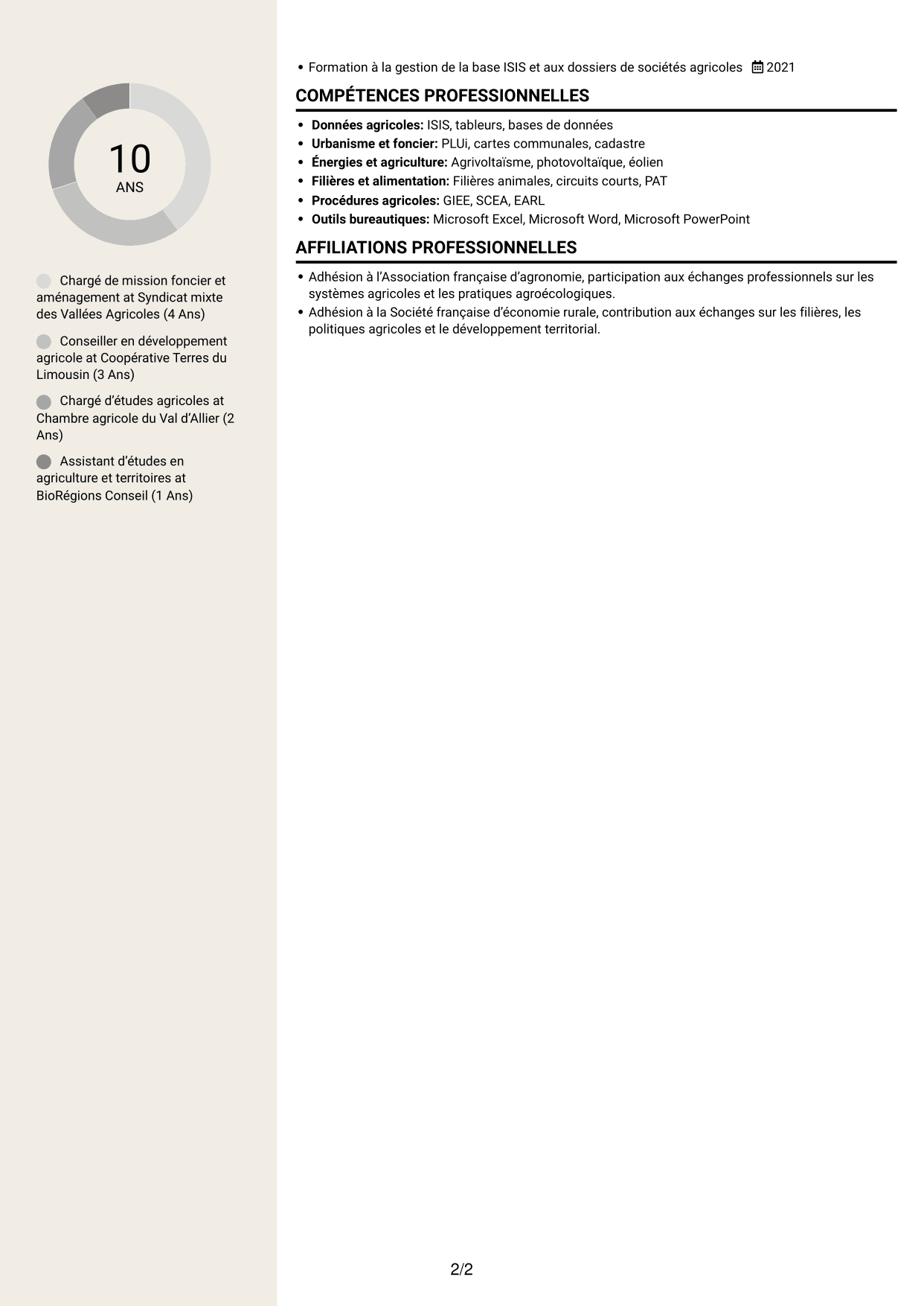 CV Fonceur (format à deux colonnes avec en-tête centré sans photo) : Chargé de mission - Agroécologie et foncier agricole, page 2