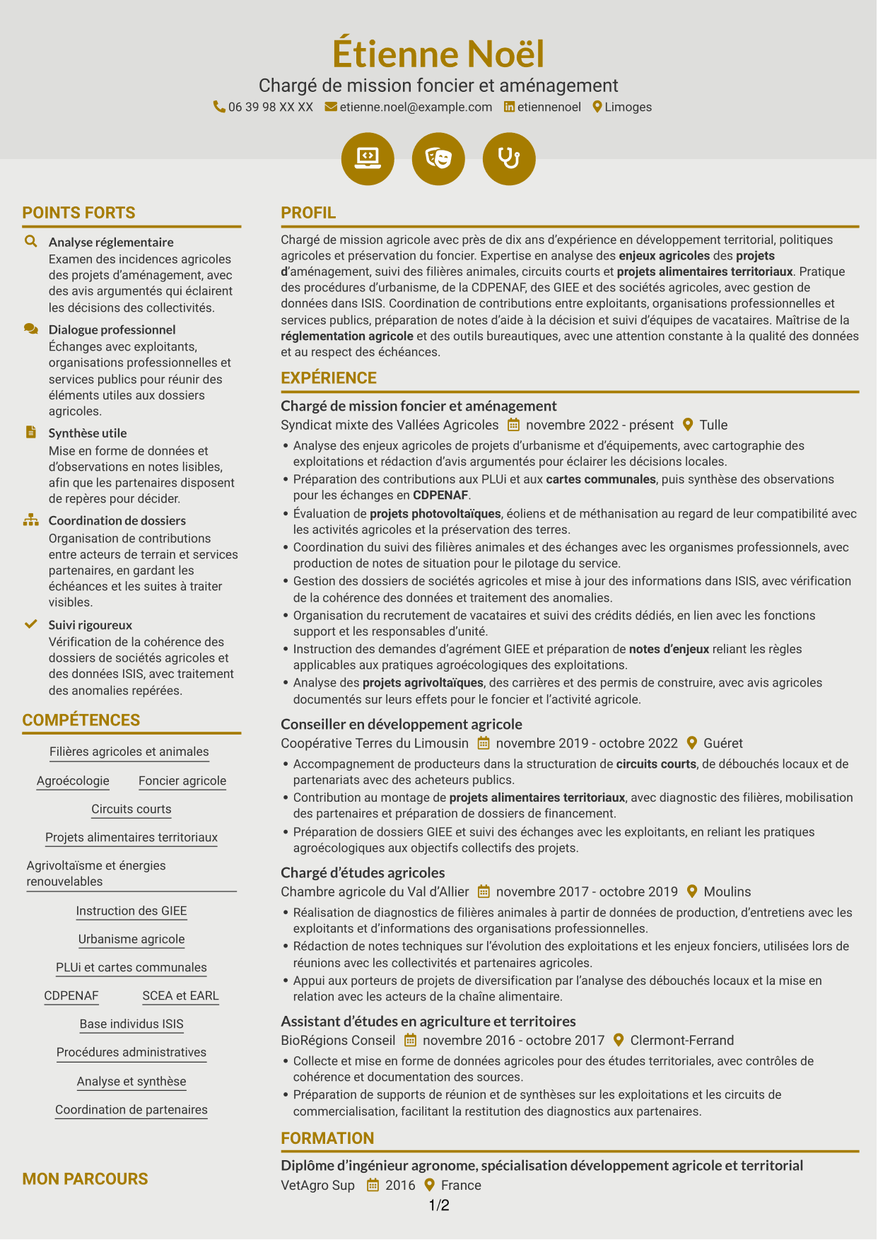 CV Dynamique (format à deux colonnes avec icônes) : Chargé de mission - Agroécologie et foncier agricole, page 1