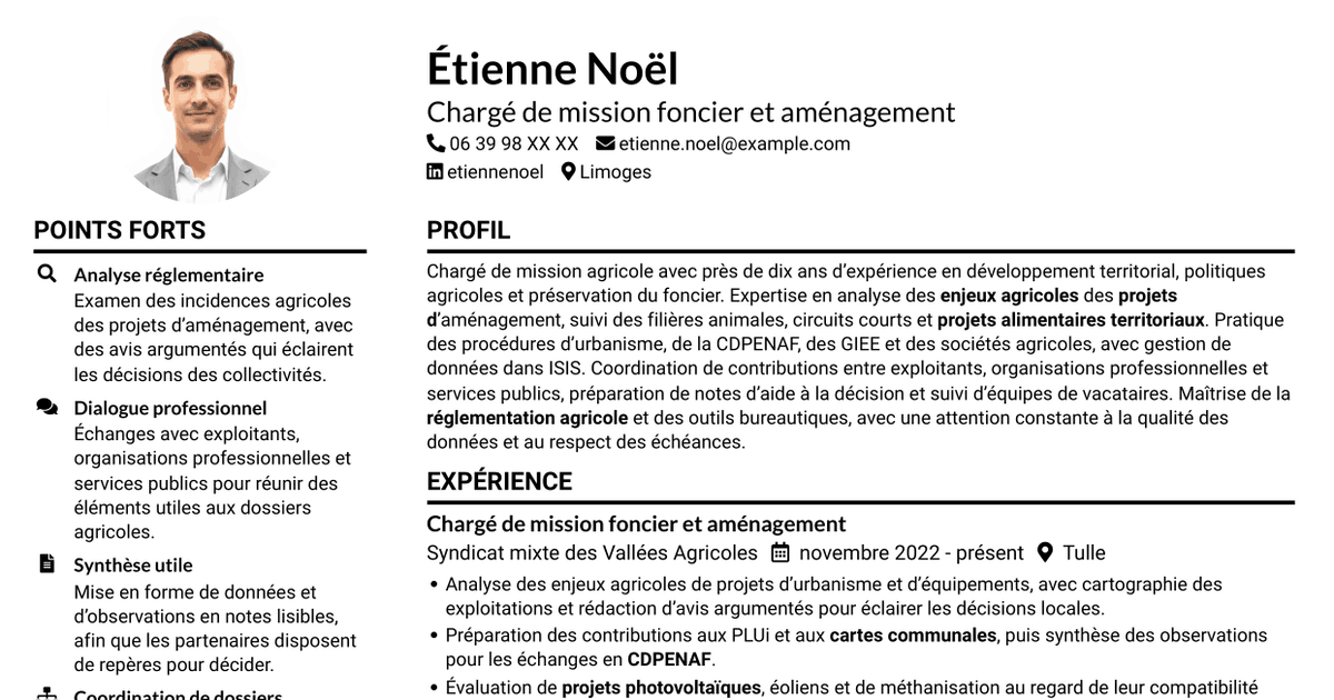 7 modèles de CV pour Chargé de mission - Agroécologie et foncier agricole, avec exemples