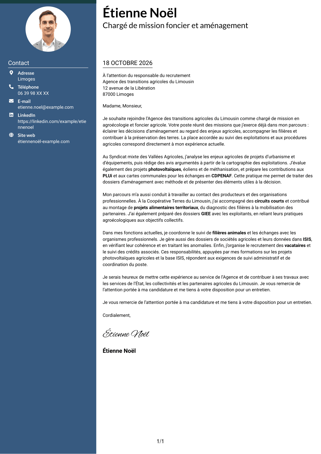 Lettre de motivation Élégant (format à colonne latérale colorée avec photo) : Chargé de mission - Agroécologie et foncier agricole, page 1