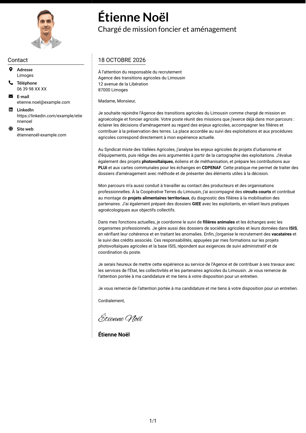 Lettre de motivation Moderne (format à deux colonnes avec photo à gauche et séparateur) : Chargé de mission - Agroécologie et foncier agricole, page 1