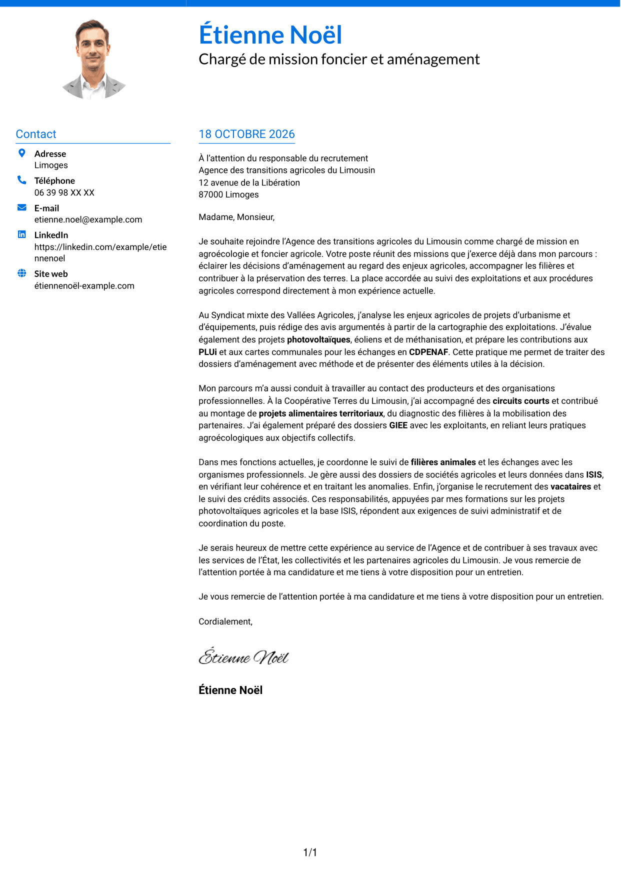Lettre de motivation Audacieux (format à deux colonnes avec accents colorés et photo) : Chargé de mission - Agroécologie et foncier agricole, page 1