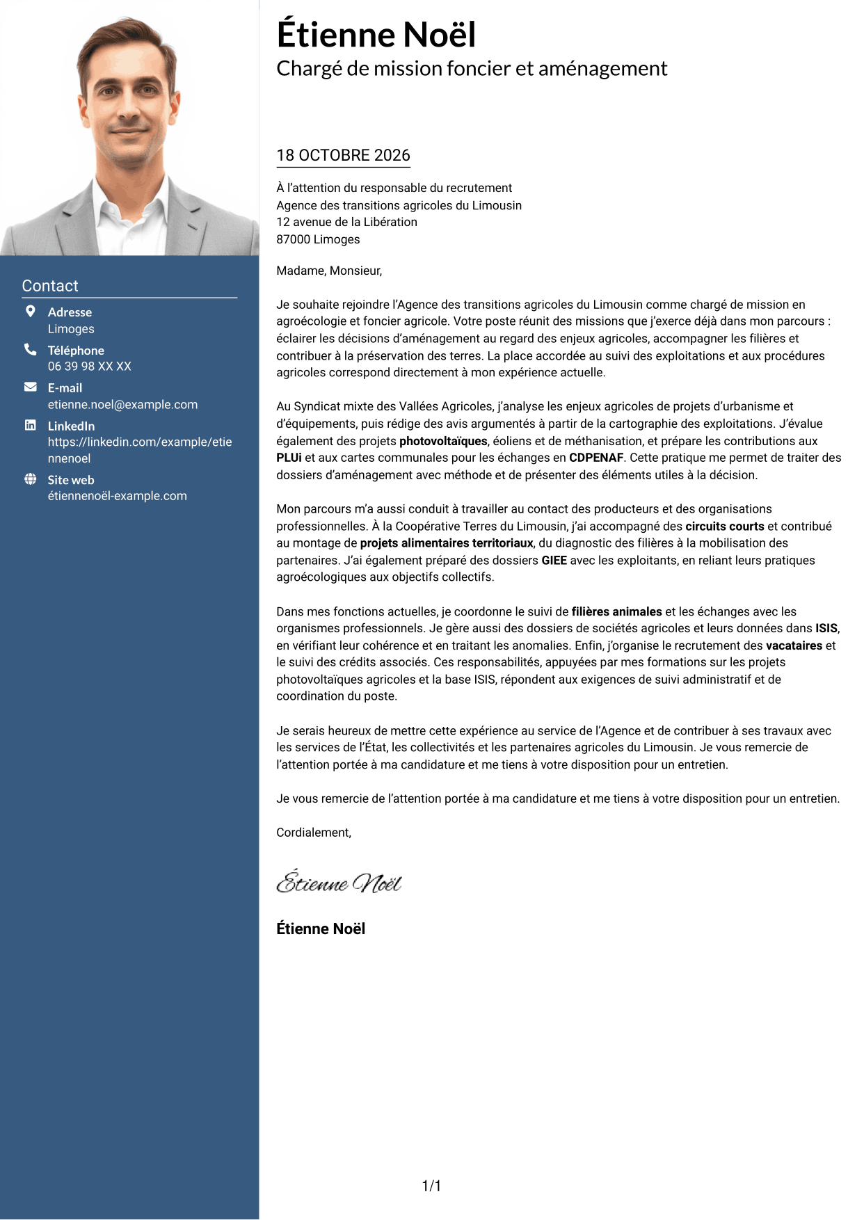 Lettre de motivation Signature (format à colonne latérale colorée avec grande photo) : Chargé de mission - Agroécologie et foncier agricole, page 1