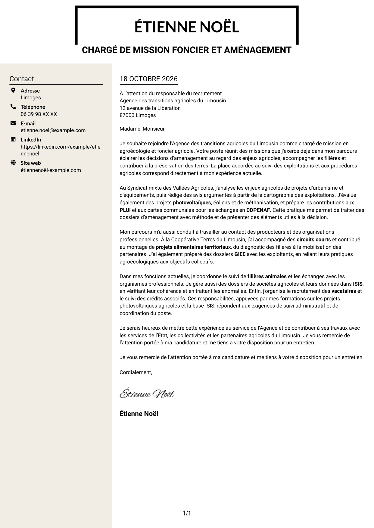 Lettre de motivation Fonceur (format à deux colonnes avec en-tête centré sans photo) : Chargé de mission - Agroécologie et foncier agricole, page 1