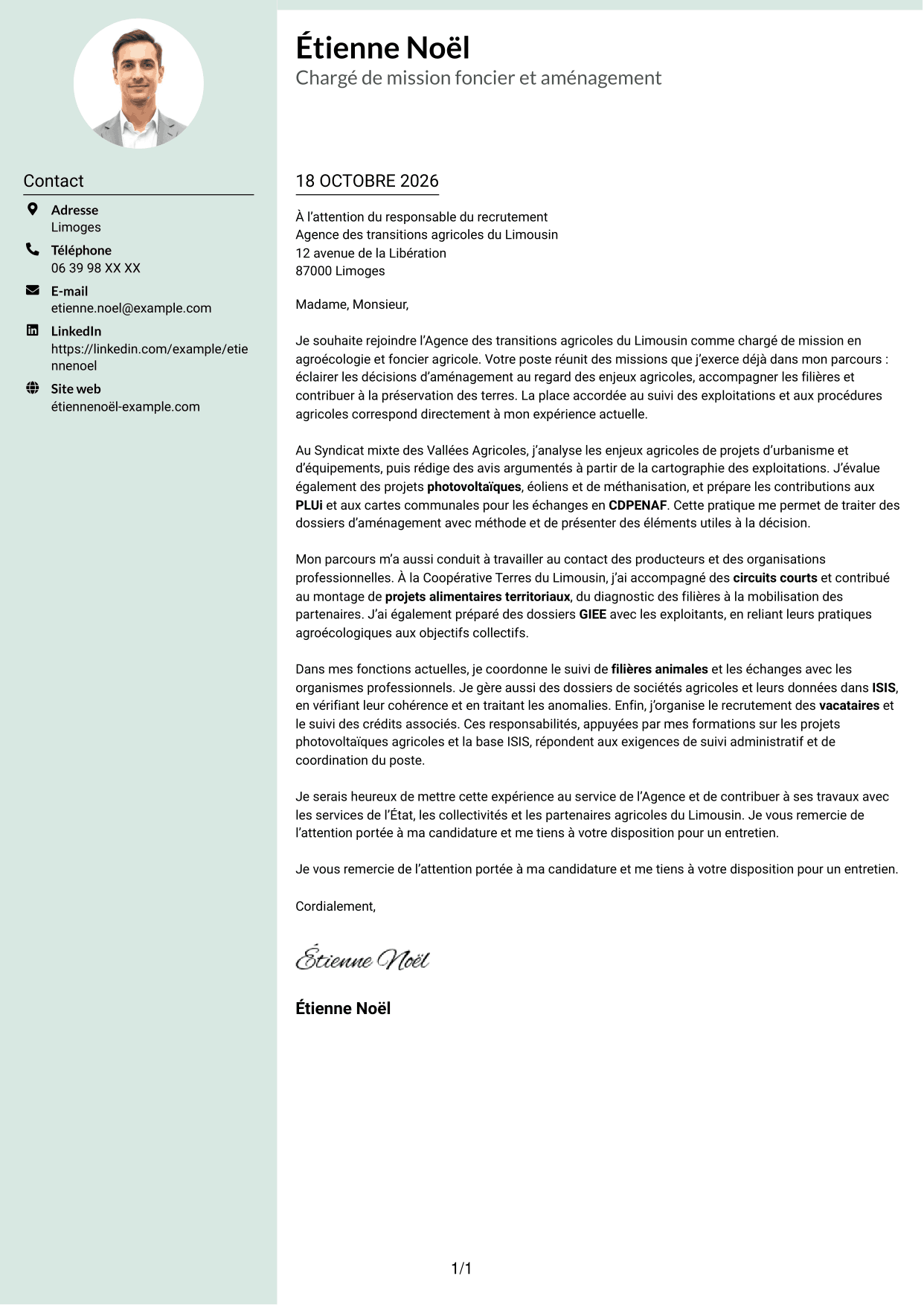 Lettre de motivation Cadre (format à colonne latérale douce avec photo arrondie) : Chargé de mission - Agroécologie et foncier agricole, page 1