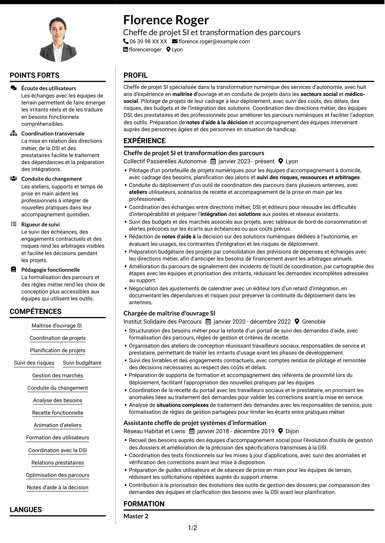 CV Moderne (format à deux colonnes avec photo à gauche et séparateur) : Chargé de mission développement SI et projets innovants, page 1