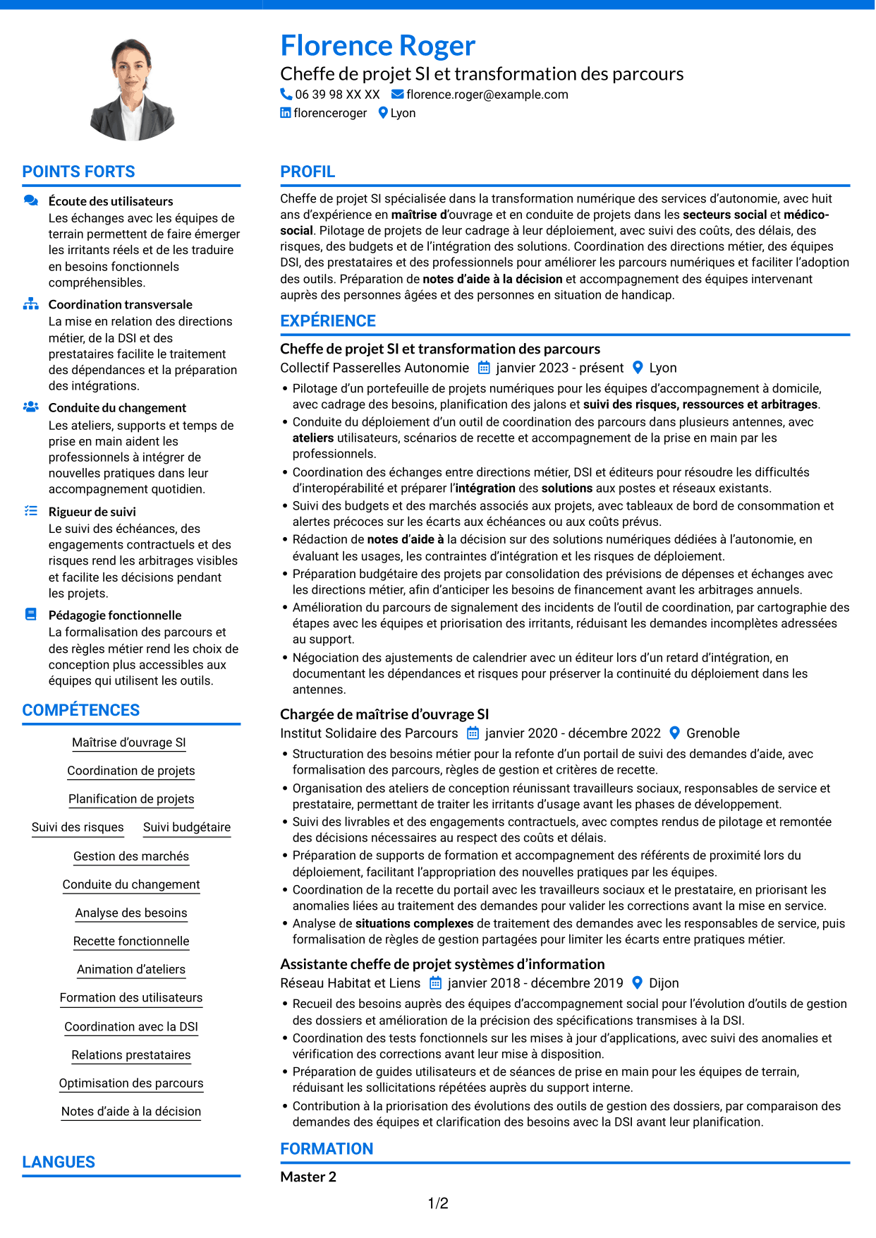 CV Audacieux (format à deux colonnes avec accents colorés et photo) : Chargé de mission développement SI et projets innovants, page 1