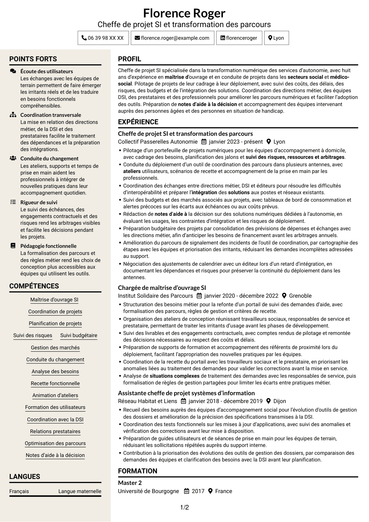 CV Fonceur (format à deux colonnes avec en-tête centré sans photo) : Chargé de mission développement SI et projets innovants, page 1
