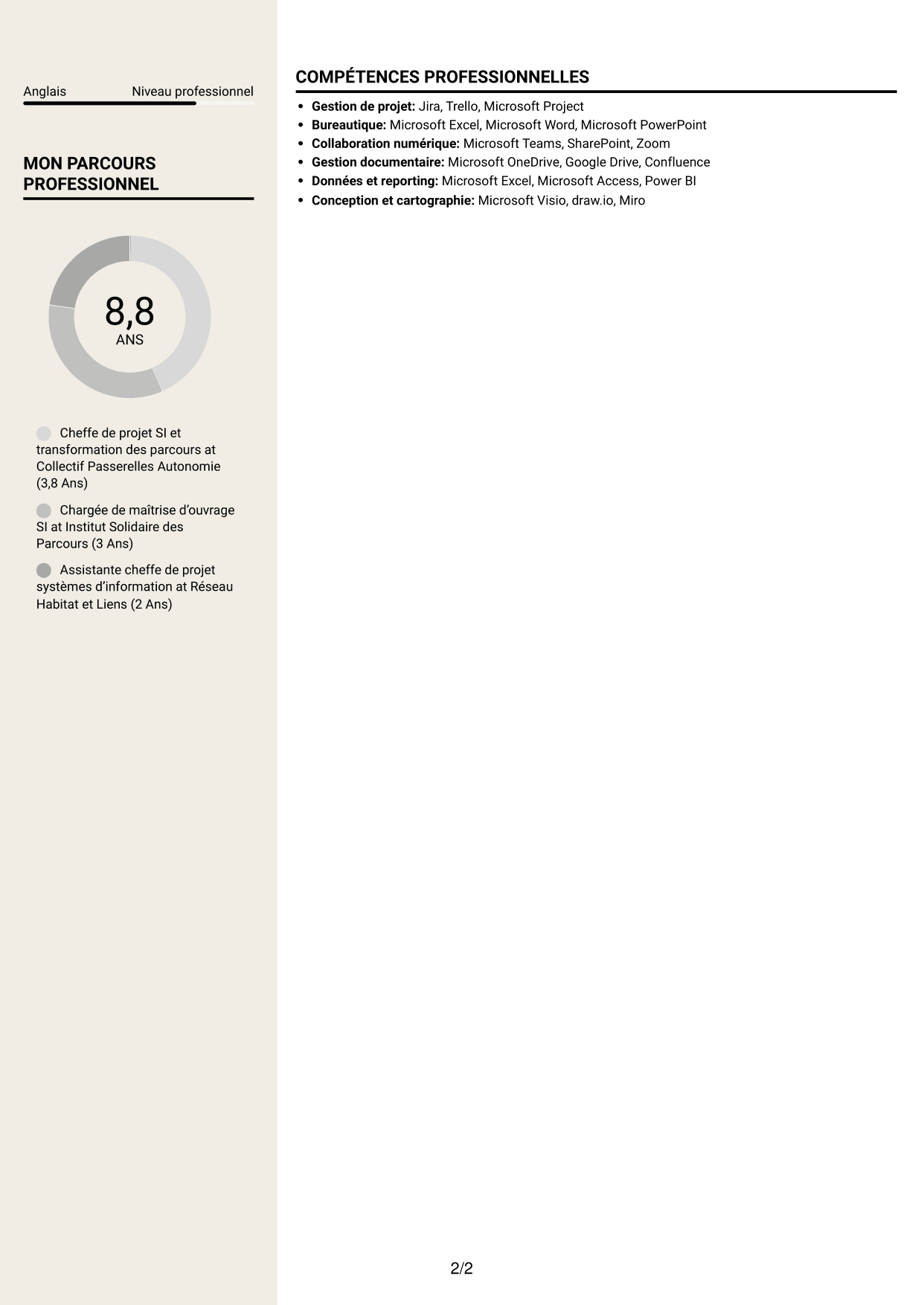 CV Fonceur (format à deux colonnes avec en-tête centré sans photo) : Chargé de mission développement SI et projets innovants, page 2