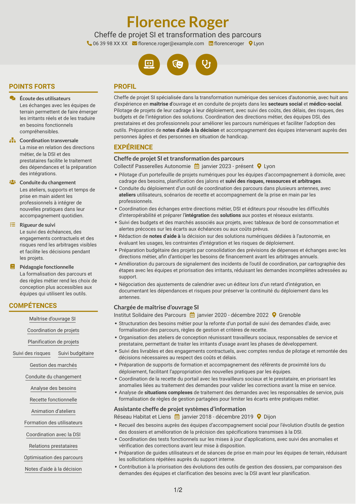 CV Dynamique (format à deux colonnes avec icônes) : Chargé de mission développement SI et projets innovants, page 1