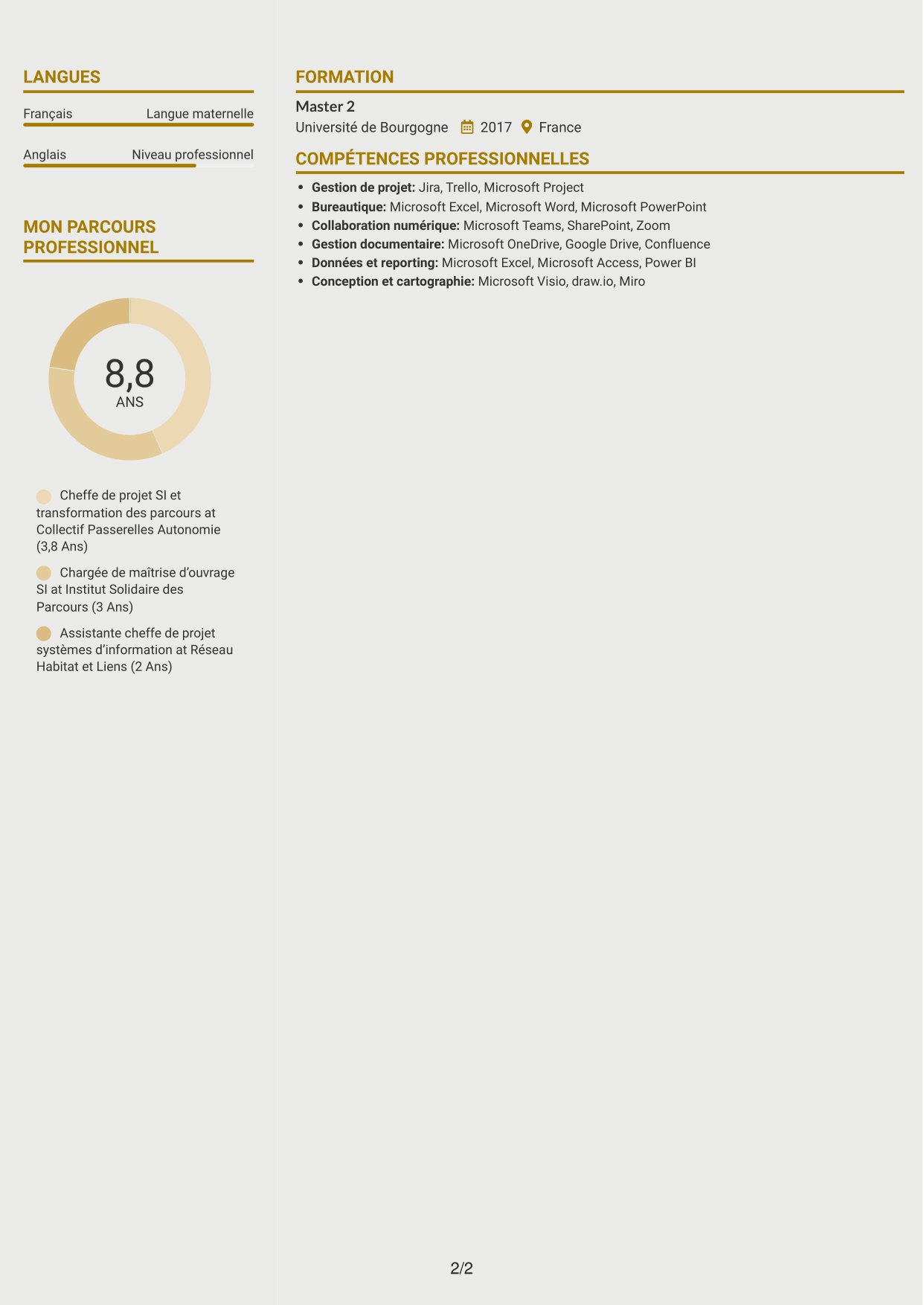 CV Dynamique (format à deux colonnes avec icônes) : Chargé de mission développement SI et projets innovants, page 2