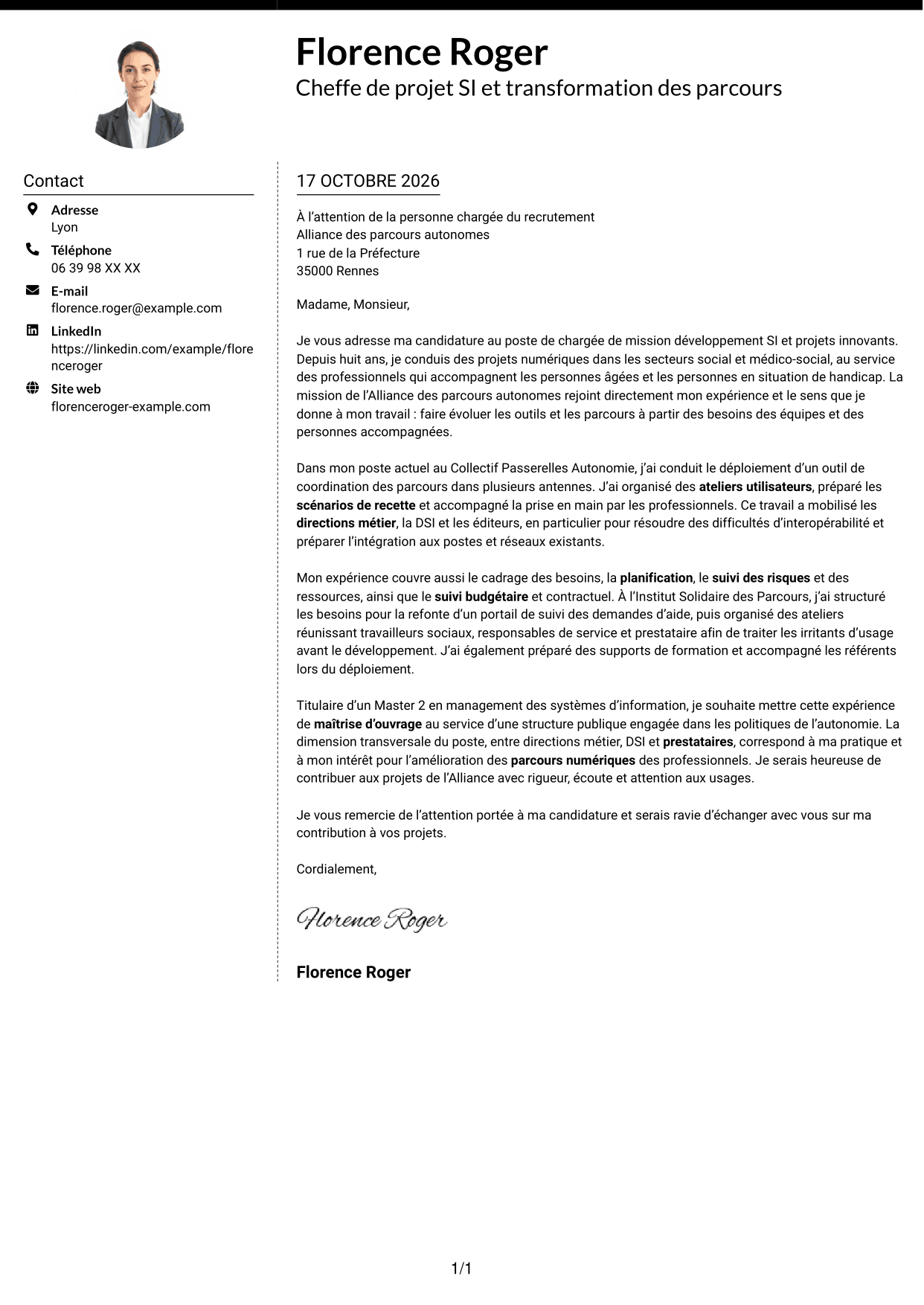 Lettre de motivation Moderne (format à deux colonnes avec photo à gauche et séparateur) : Chargé de mission développement SI et projets innovants, page 1