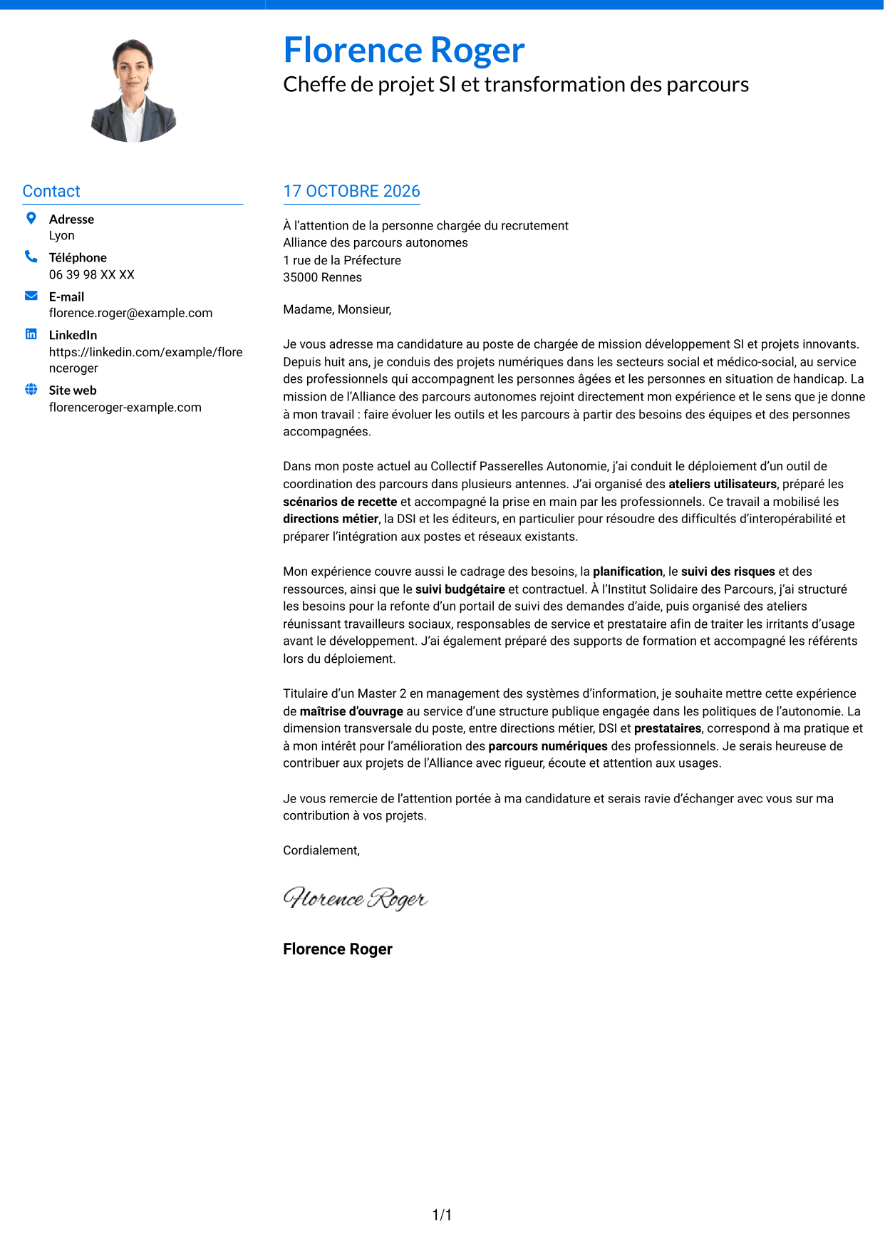 Lettre de motivation Audacieux (format à deux colonnes avec accents colorés et photo) : Chargé de mission développement SI et projets innovants, page 1