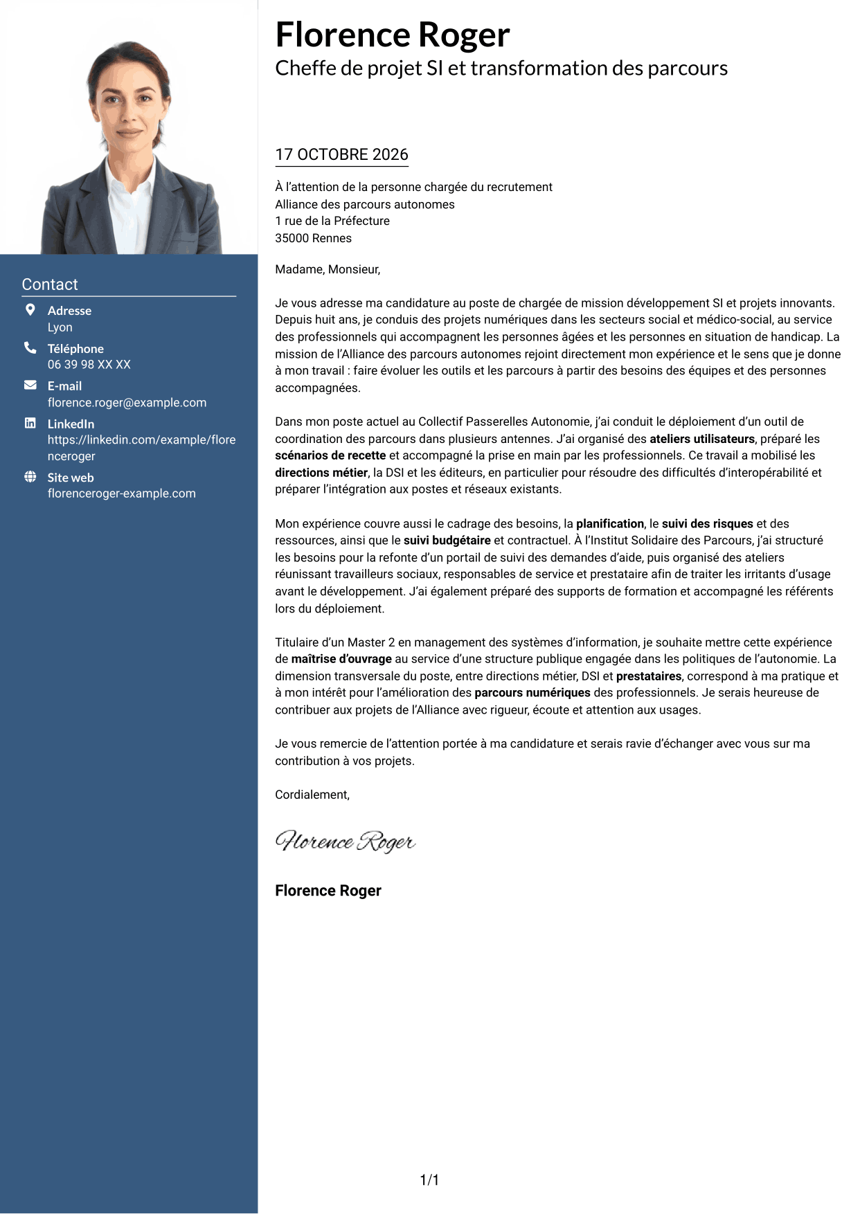 Lettre de motivation Signature (format à colonne latérale colorée avec grande photo) : Chargé de mission développement SI et projets innovants, page 1