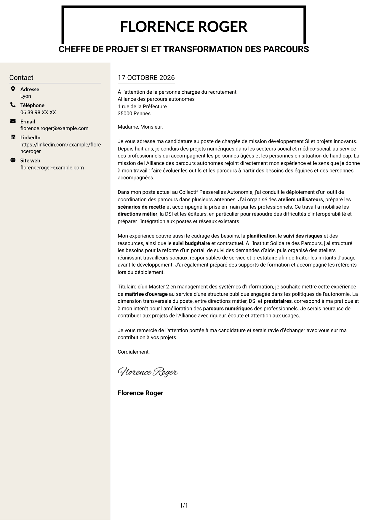 Lettre de motivation Fonceur (format à deux colonnes avec en-tête centré sans photo) : Chargé de mission développement SI et projets innovants, page 1