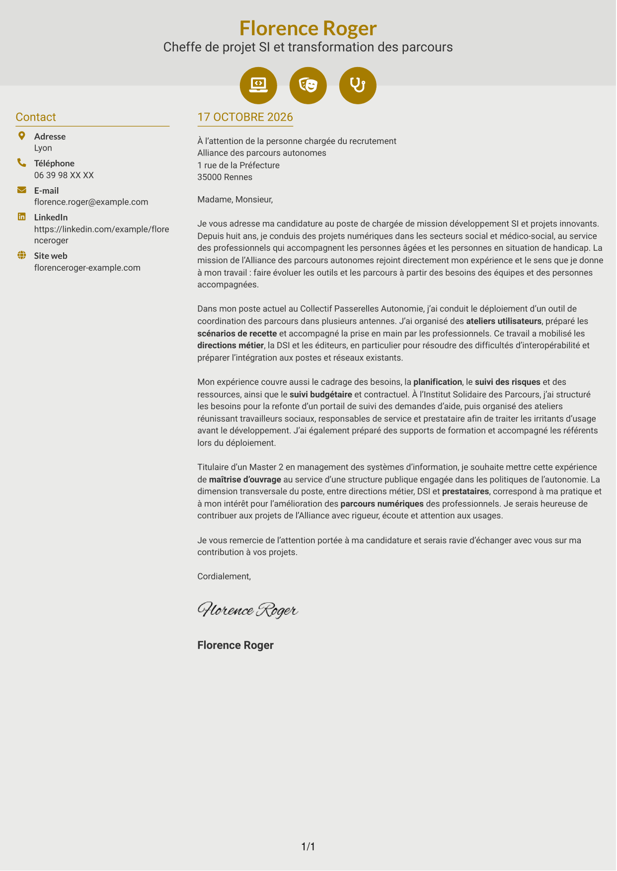 Lettre de motivation Dynamique (format à deux colonnes avec icônes) : Chargé de mission développement SI et projets innovants, page 1