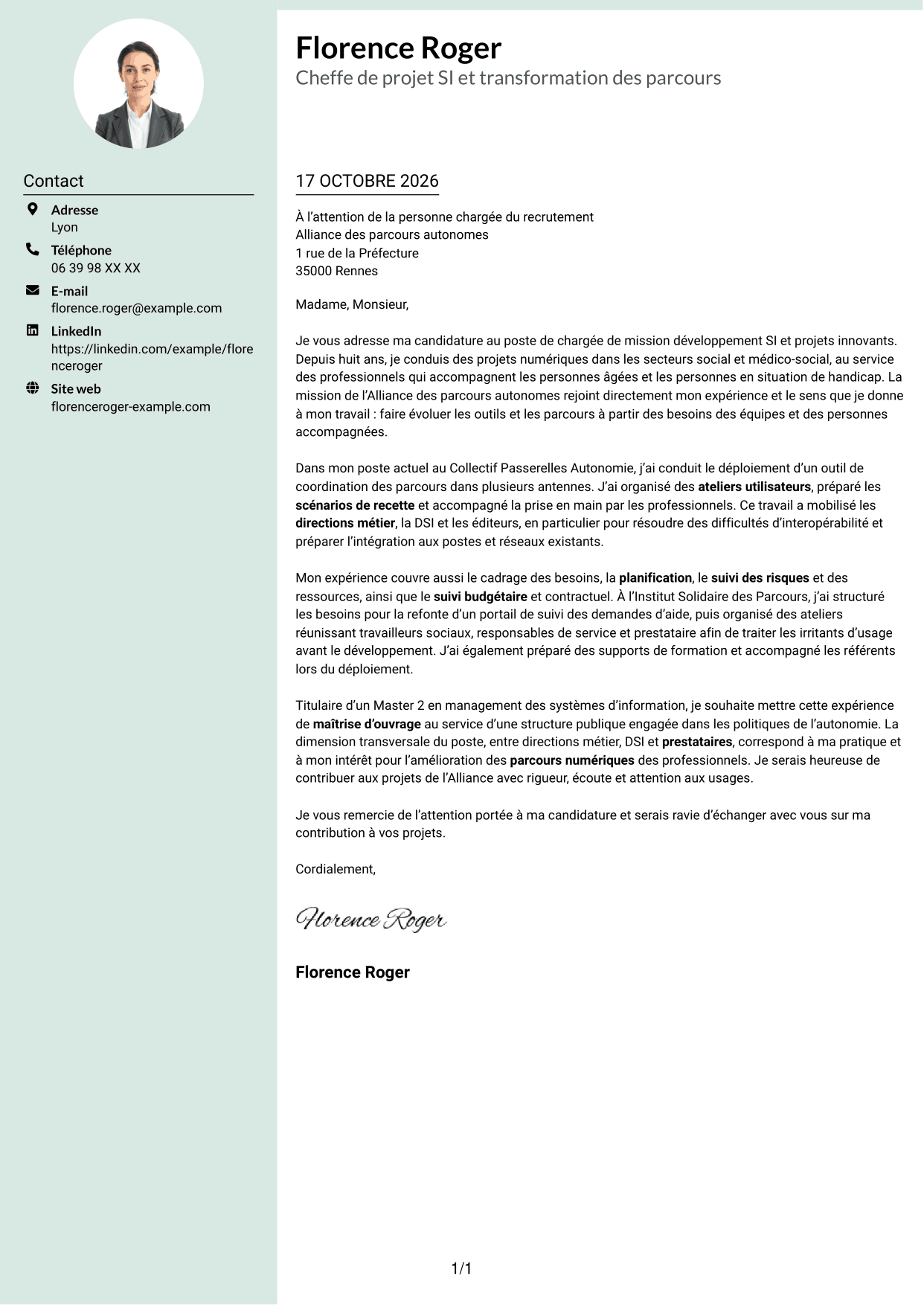 Lettre de motivation Cadre (format à colonne latérale douce avec photo arrondie) : Chargé de mission développement SI et projets innovants, page 1