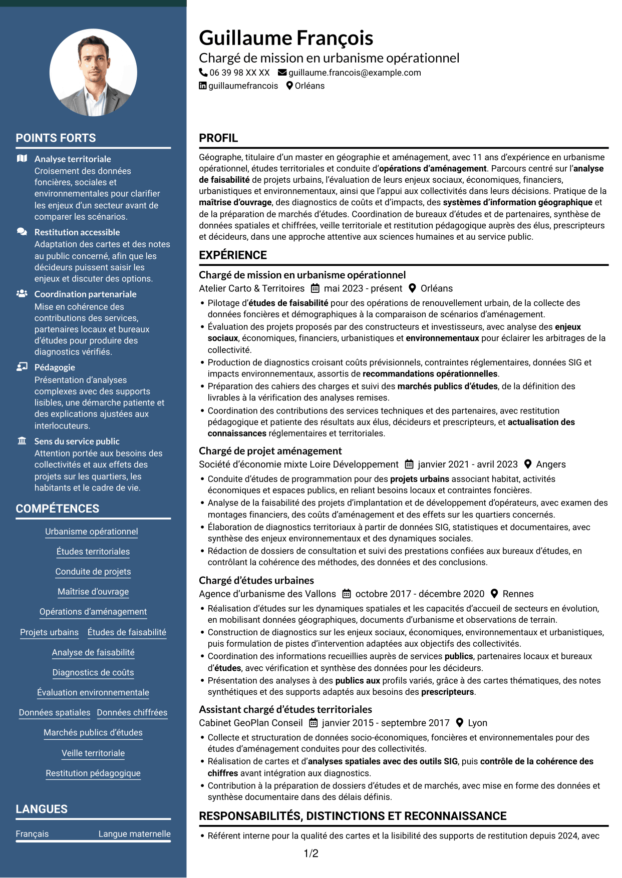 CV Élégant (format à colonne latérale colorée avec photo) : Chargé de mission en urbanisme opérationnel, page 1