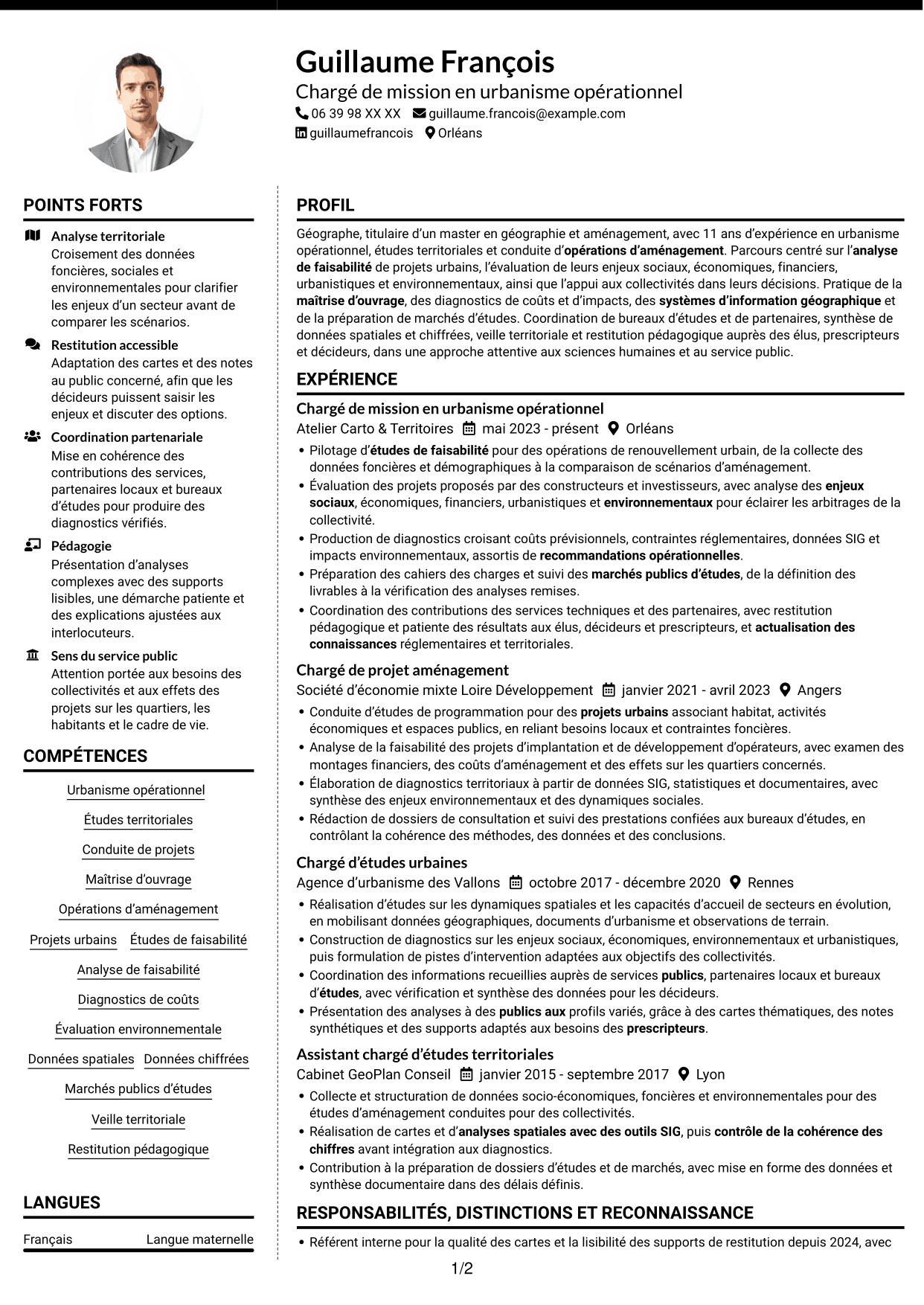 CV Moderne (format à deux colonnes avec photo à gauche et séparateur) : Chargé de mission en urbanisme opérationnel, page 1