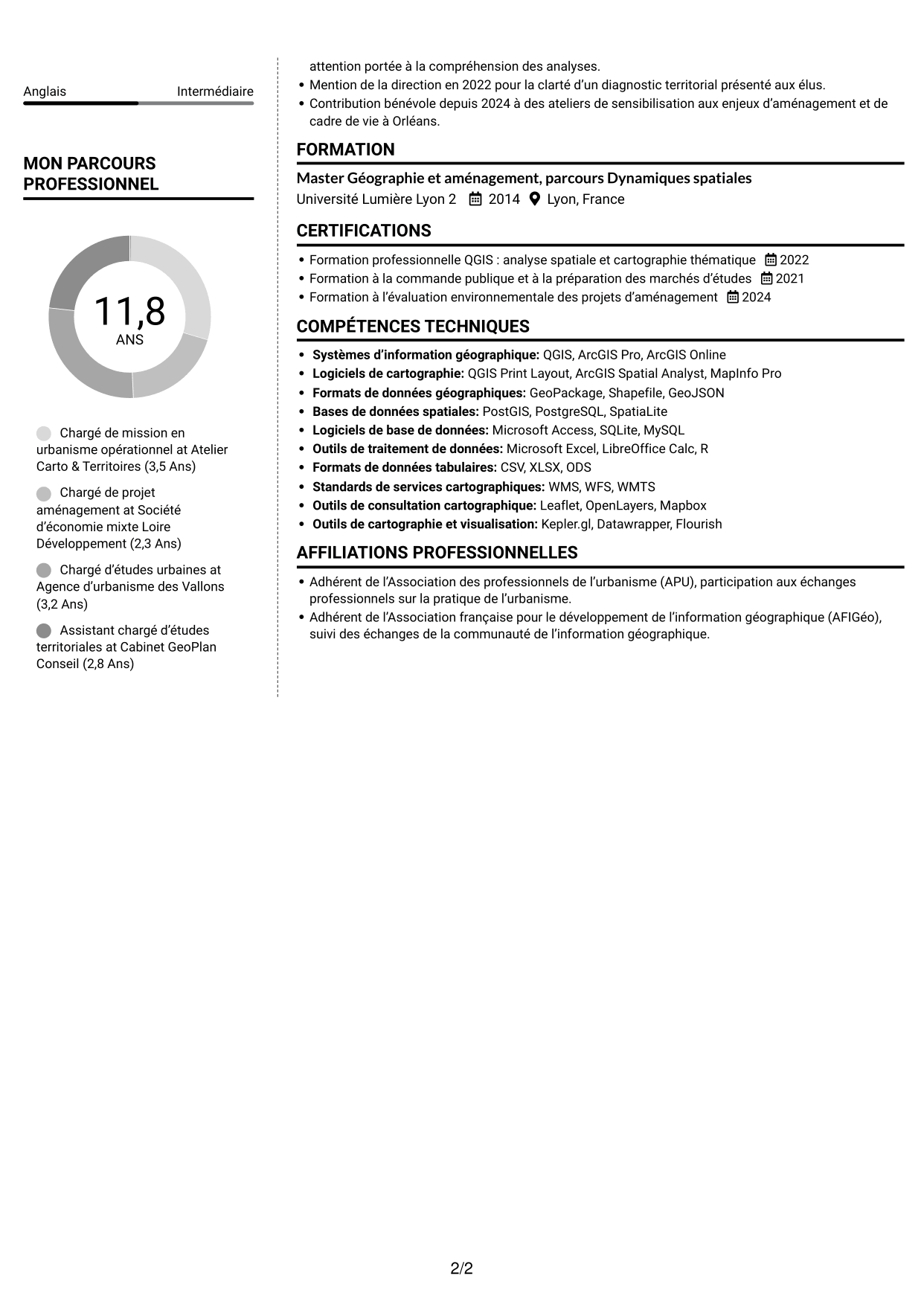 CV Moderne (format à deux colonnes avec photo à gauche et séparateur) : Chargé de mission en urbanisme opérationnel, page 2