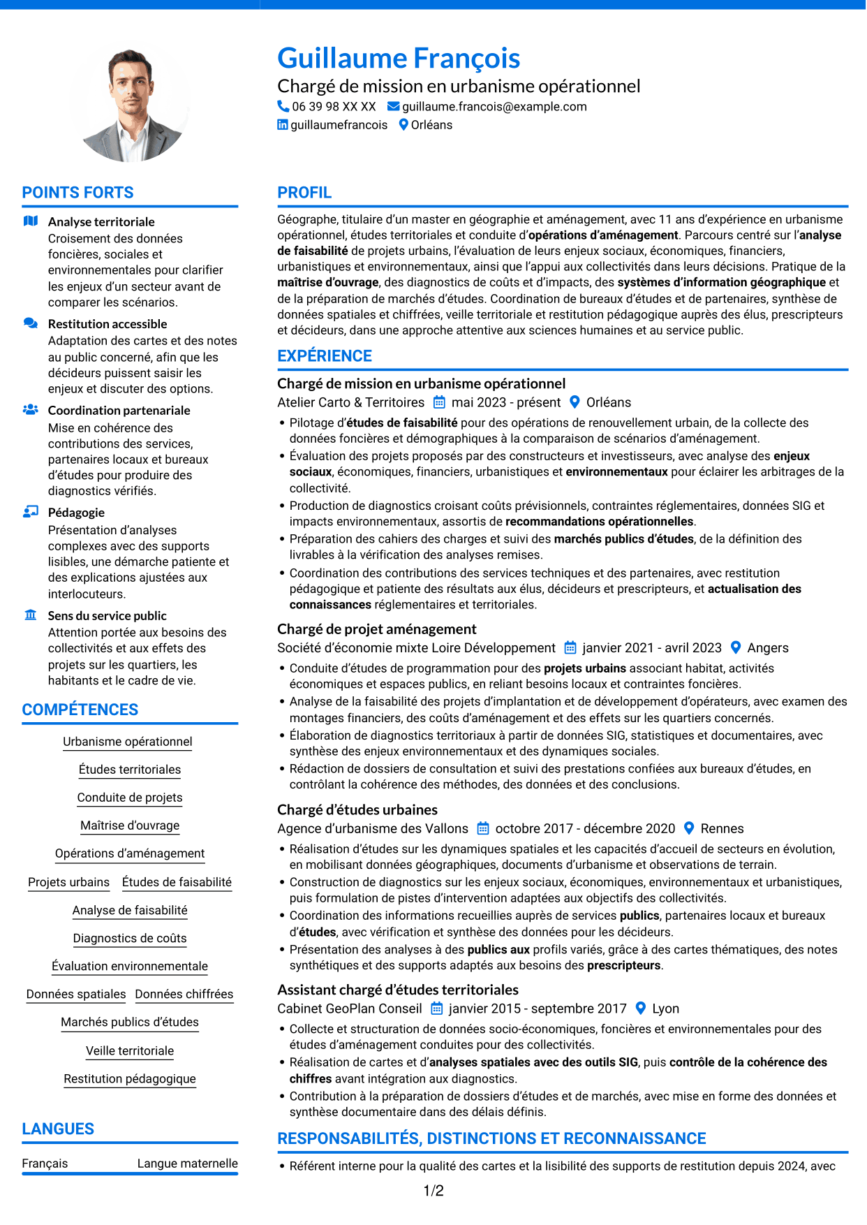 CV Audacieux (format à deux colonnes avec accents colorés et photo) : Chargé de mission en urbanisme opérationnel, page 1