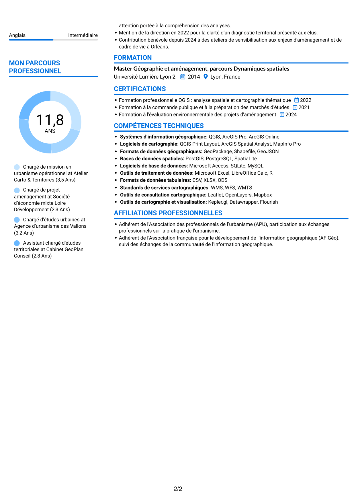 CV Audacieux (format à deux colonnes avec accents colorés et photo) : Chargé de mission en urbanisme opérationnel, page 2