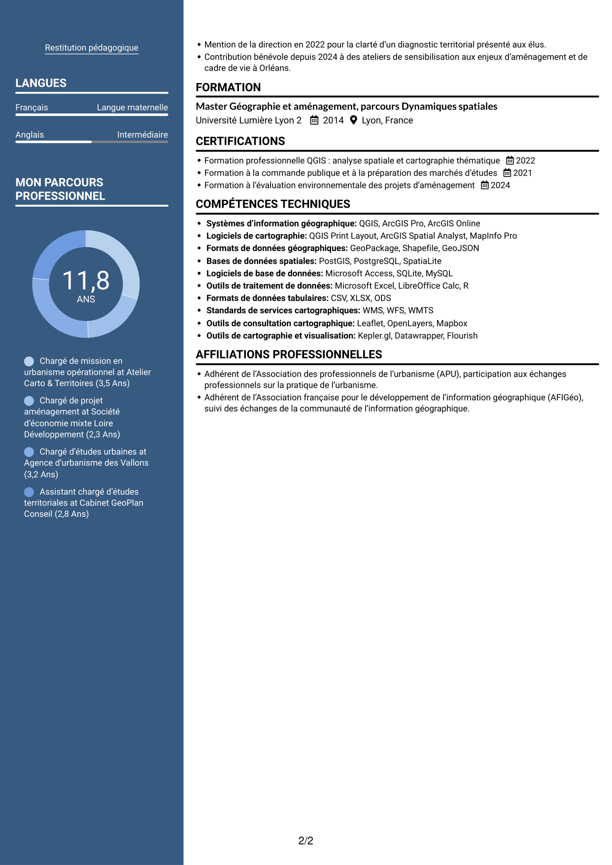 CV Signature (format à colonne latérale colorée avec grande photo) : Chargé de mission en urbanisme opérationnel, page 2
