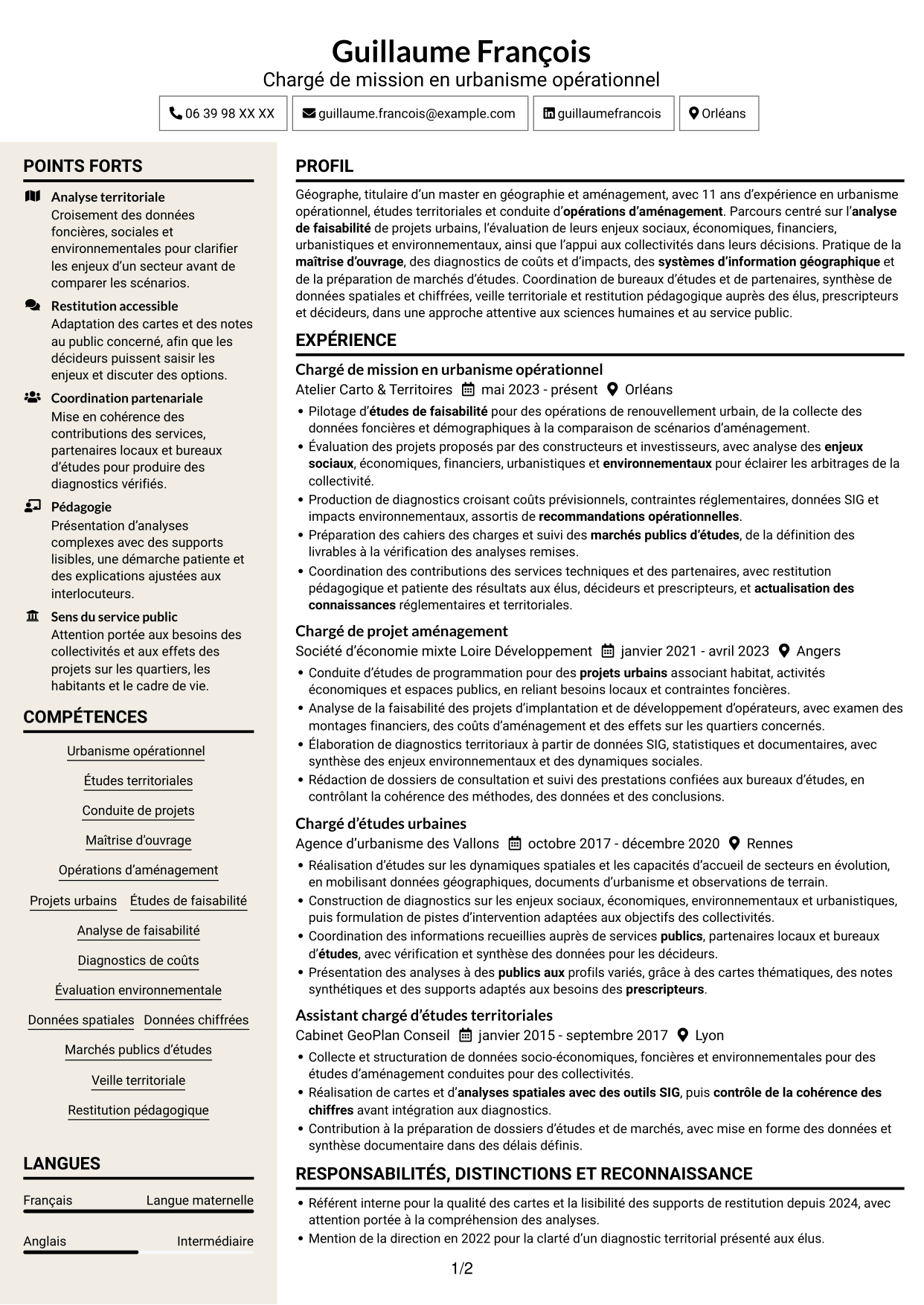 CV Fonceur (format à deux colonnes avec en-tête centré sans photo) : Chargé de mission en urbanisme opérationnel, page 1