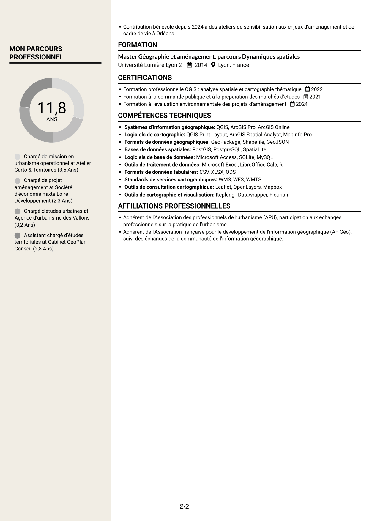 CV Fonceur (format à deux colonnes avec en-tête centré sans photo) : Chargé de mission en urbanisme opérationnel, page 2