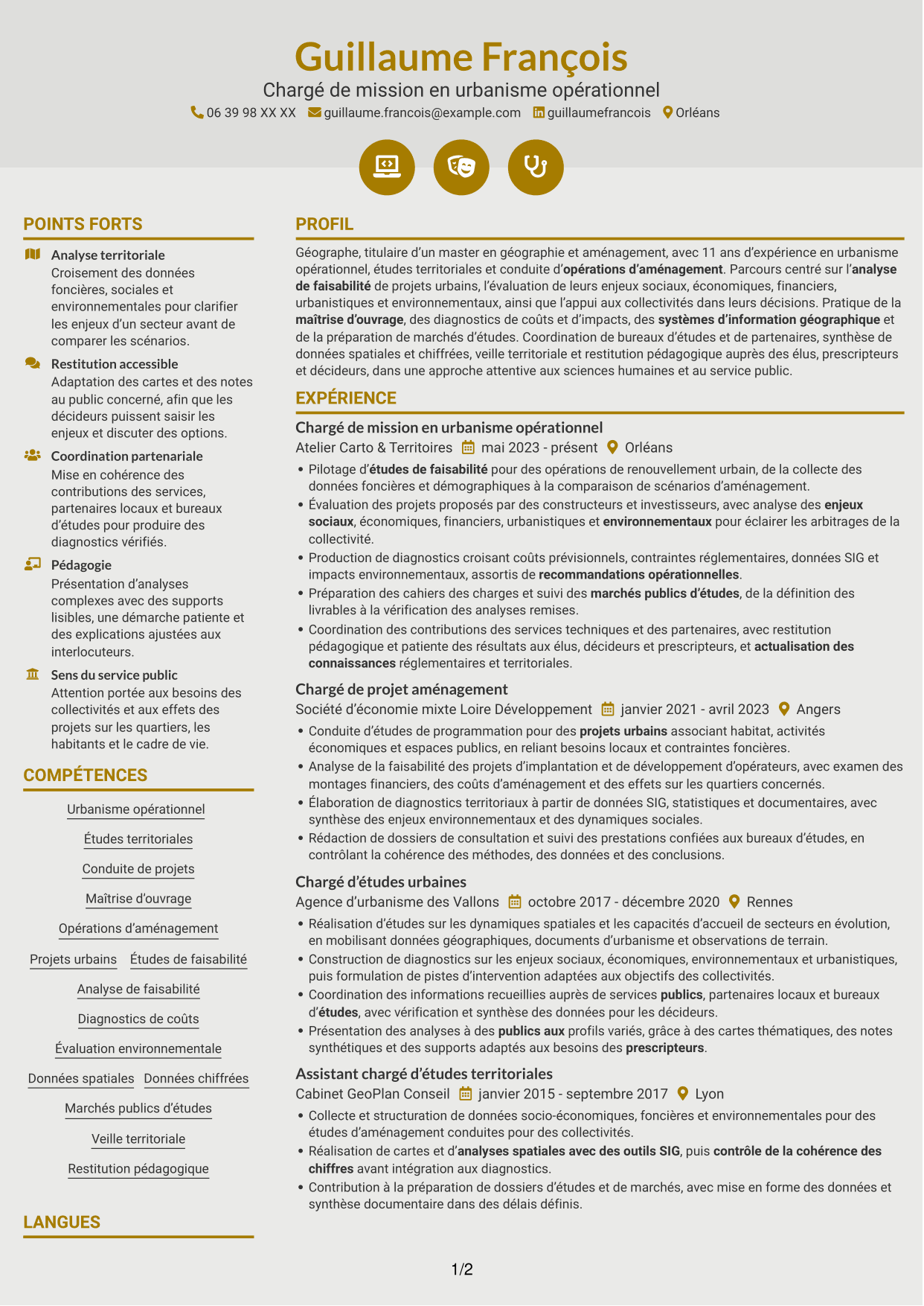 CV Dynamique (format à deux colonnes avec icônes) : Chargé de mission en urbanisme opérationnel, page 1