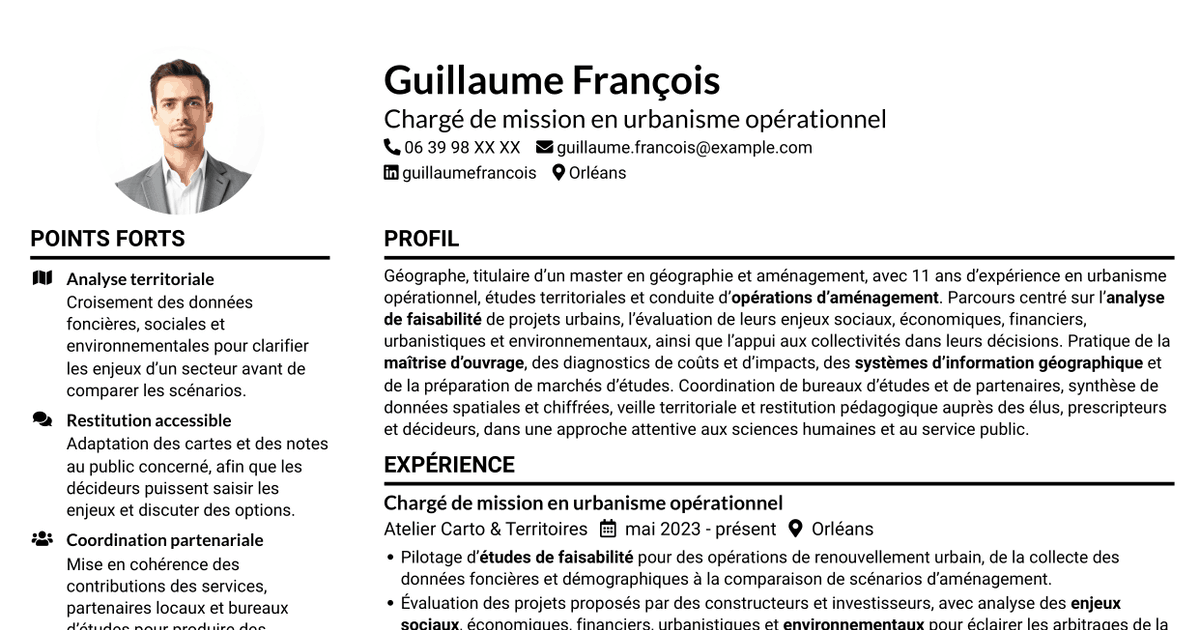 7 modèles de CV pour Chargé de mission en urbanisme opérationnel, avec exemples