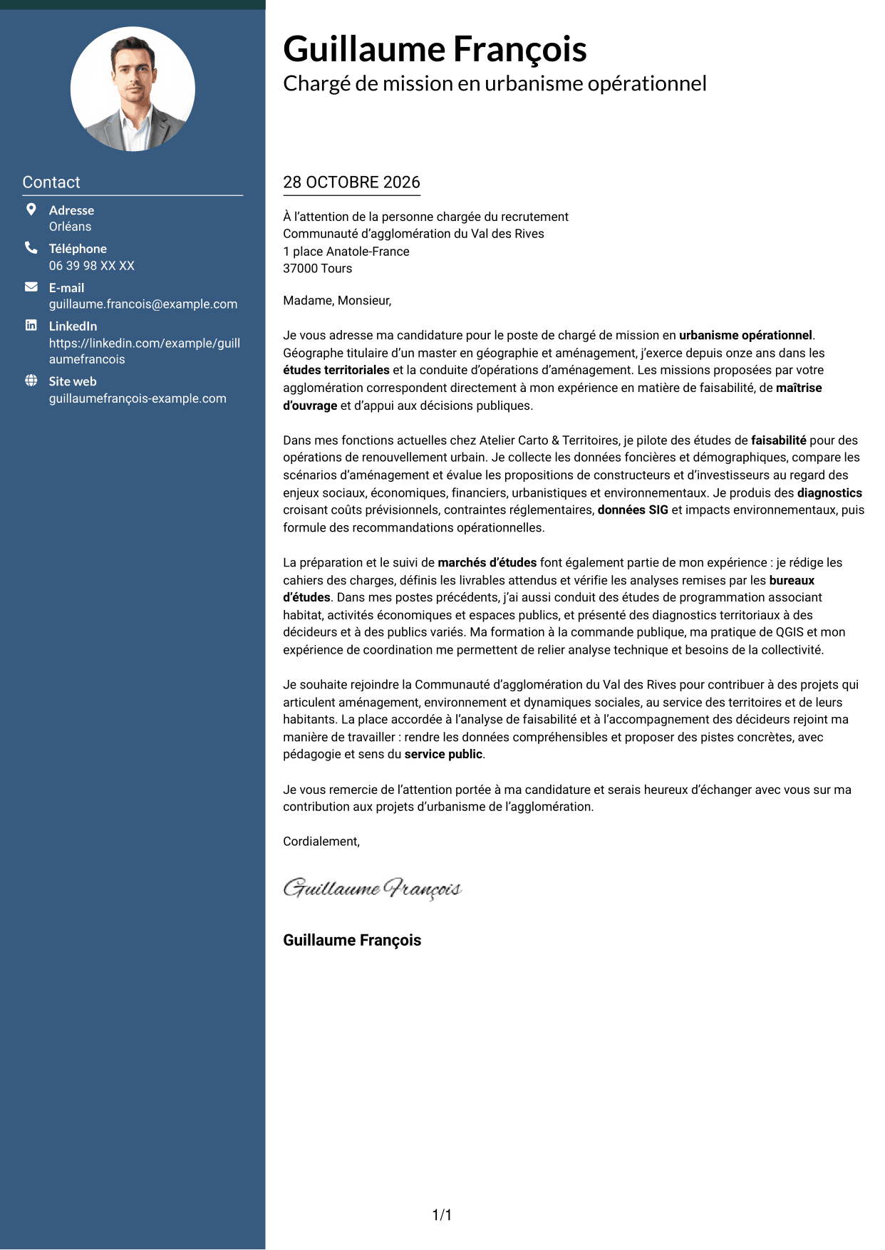 Lettre de motivation Élégant (format à colonne latérale colorée avec photo) : Chargé de mission en urbanisme opérationnel, page 1