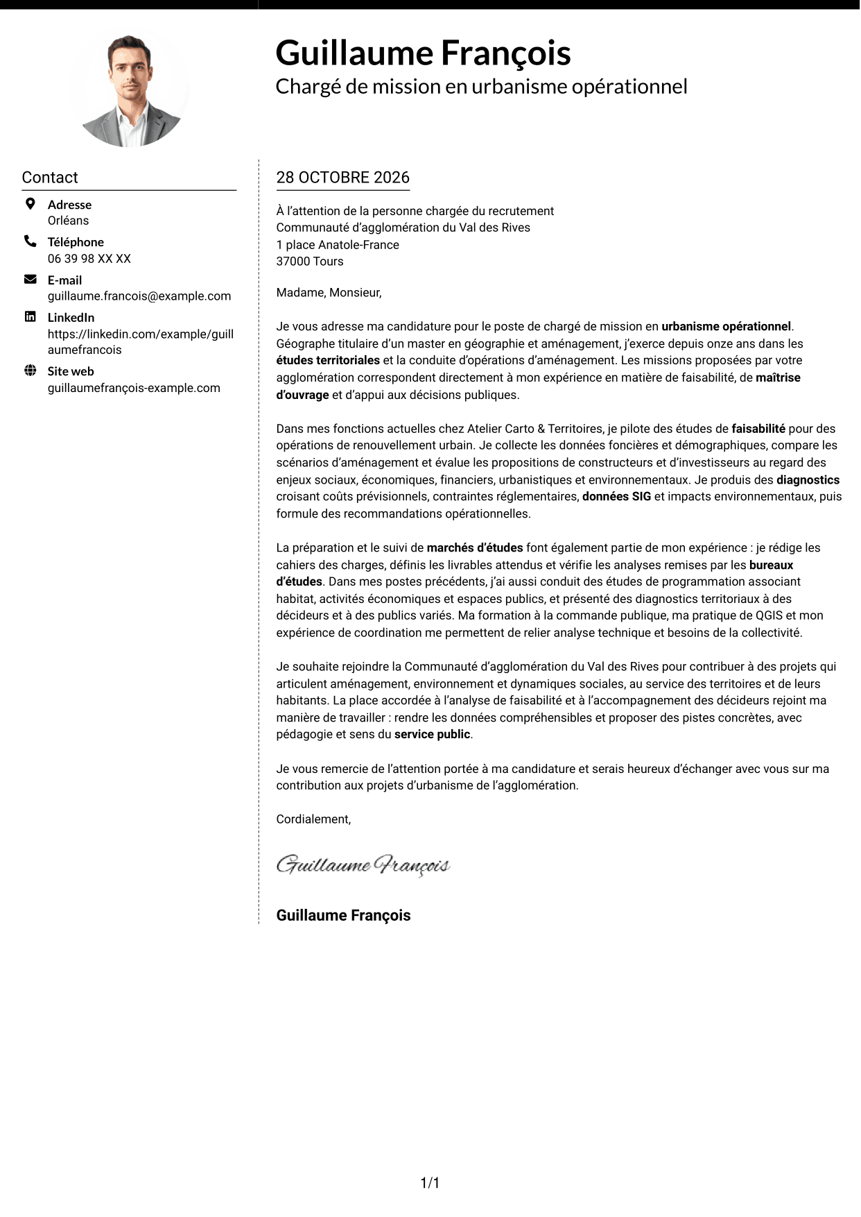 Lettre de motivation Moderne (format à deux colonnes avec photo à gauche et séparateur) : Chargé de mission en urbanisme opérationnel, page 1