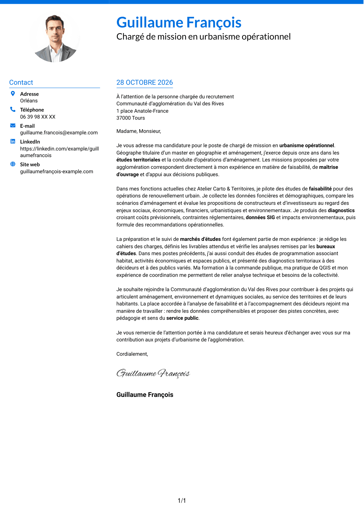 Lettre de motivation Audacieux (format à deux colonnes avec accents colorés et photo) : Chargé de mission en urbanisme opérationnel, page 1