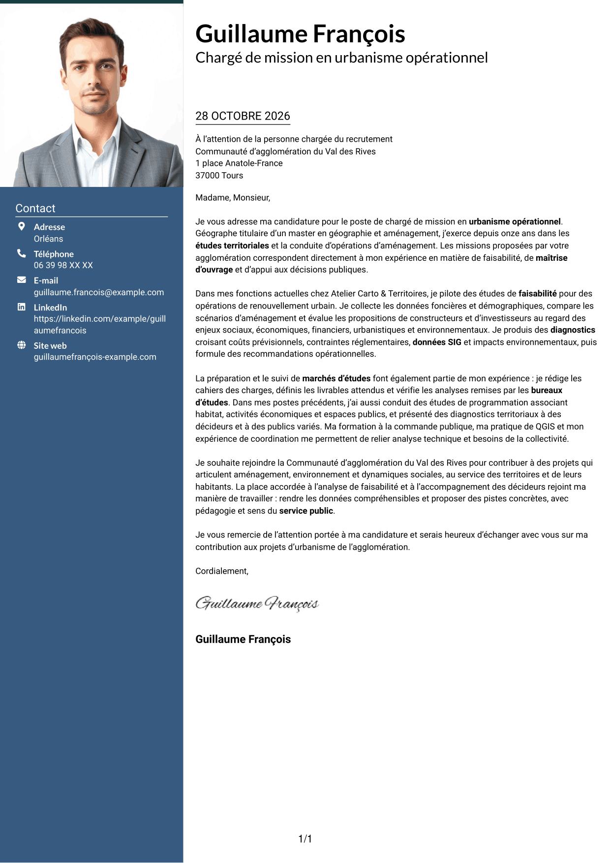 Lettre de motivation Signature (format à colonne latérale colorée avec grande photo) : Chargé de mission en urbanisme opérationnel, page 1