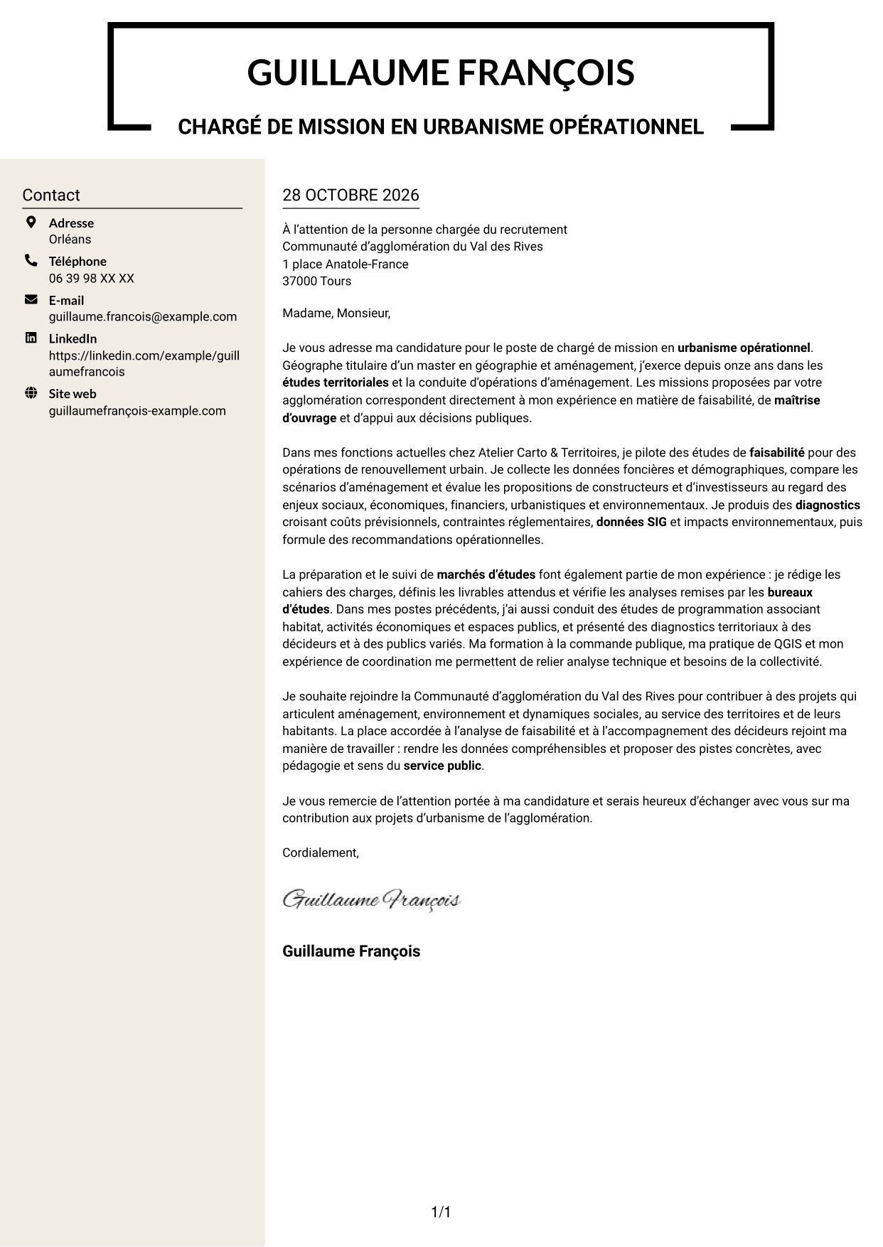 Lettre de motivation Fonceur (format à deux colonnes avec en-tête centré sans photo) : Chargé de mission en urbanisme opérationnel, page 1