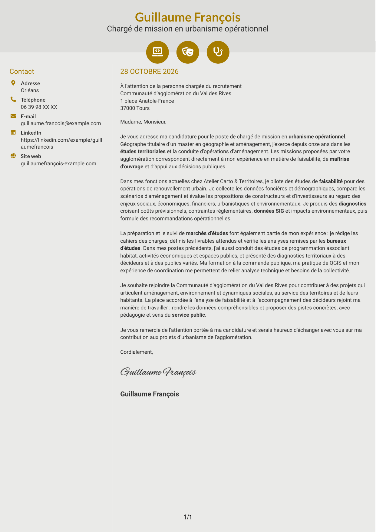 Lettre de motivation Dynamique (format à deux colonnes avec icônes) : Chargé de mission en urbanisme opérationnel, page 1