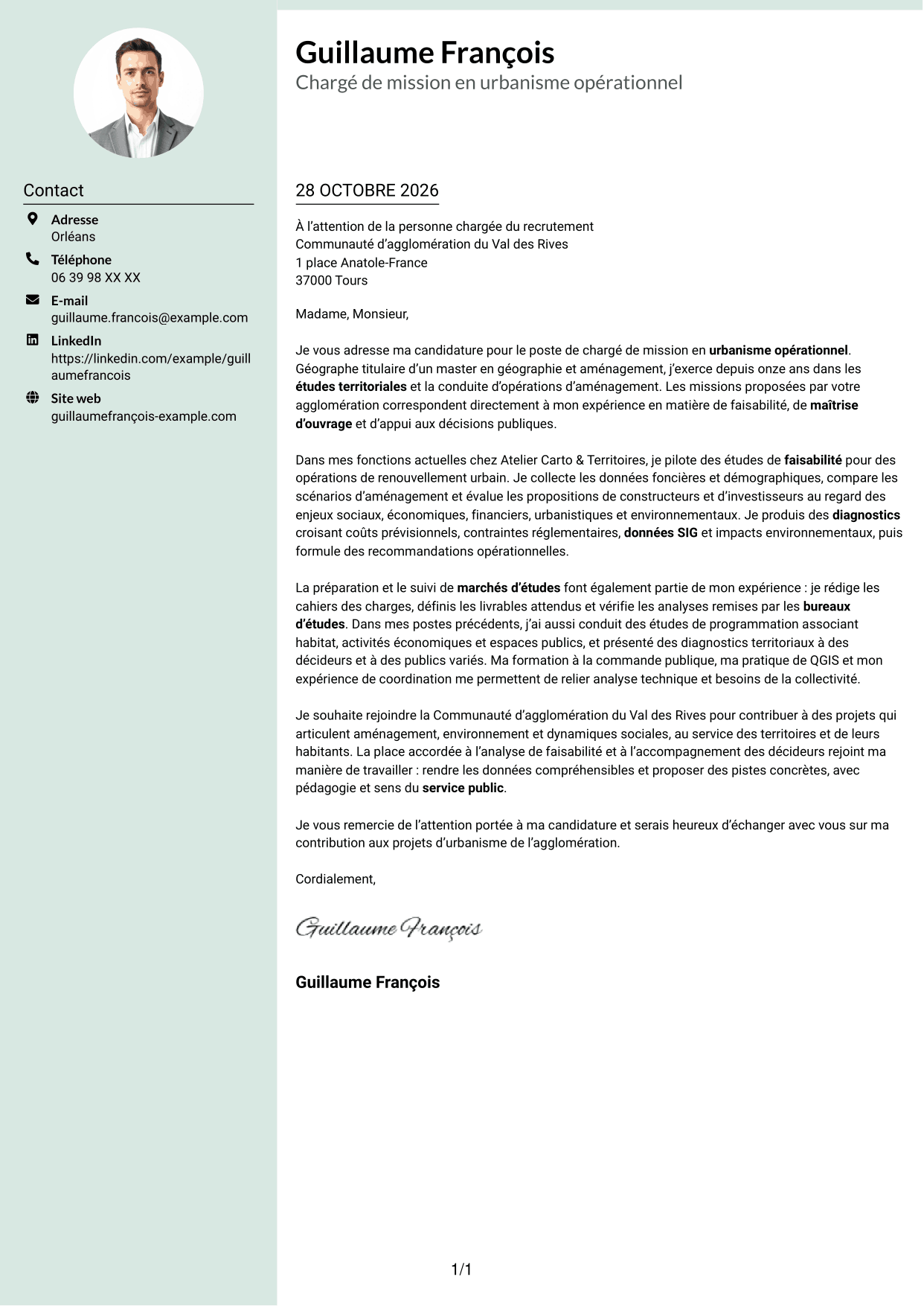Lettre de motivation Cadre (format à colonne latérale douce avec photo arrondie) : Chargé de mission en urbanisme opérationnel, page 1