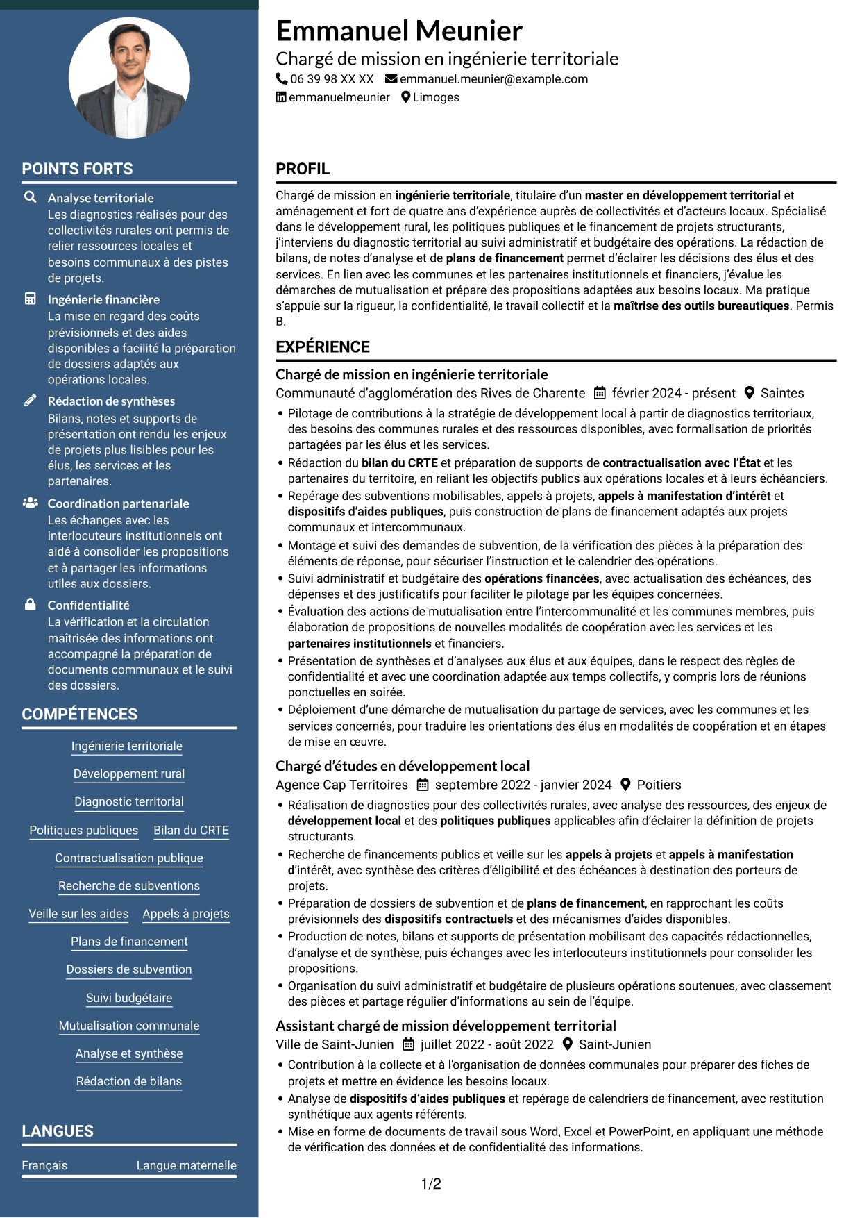 CV Élégant (format à colonne latérale colorée avec photo) : Chargé de mission - Ingénierie territoriale, page 1