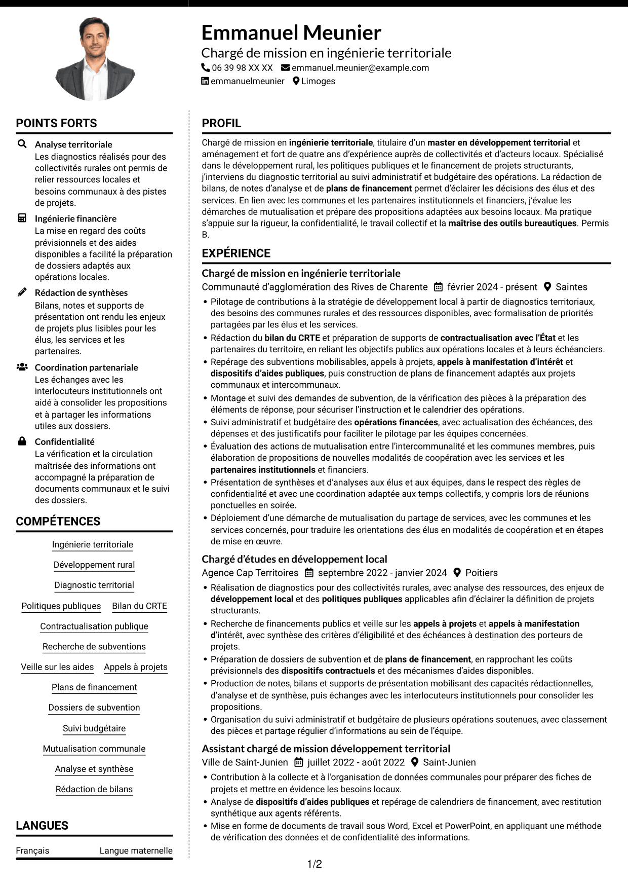 CV Moderne (format à deux colonnes avec photo à gauche et séparateur) : Chargé de mission - Ingénierie territoriale, page 1