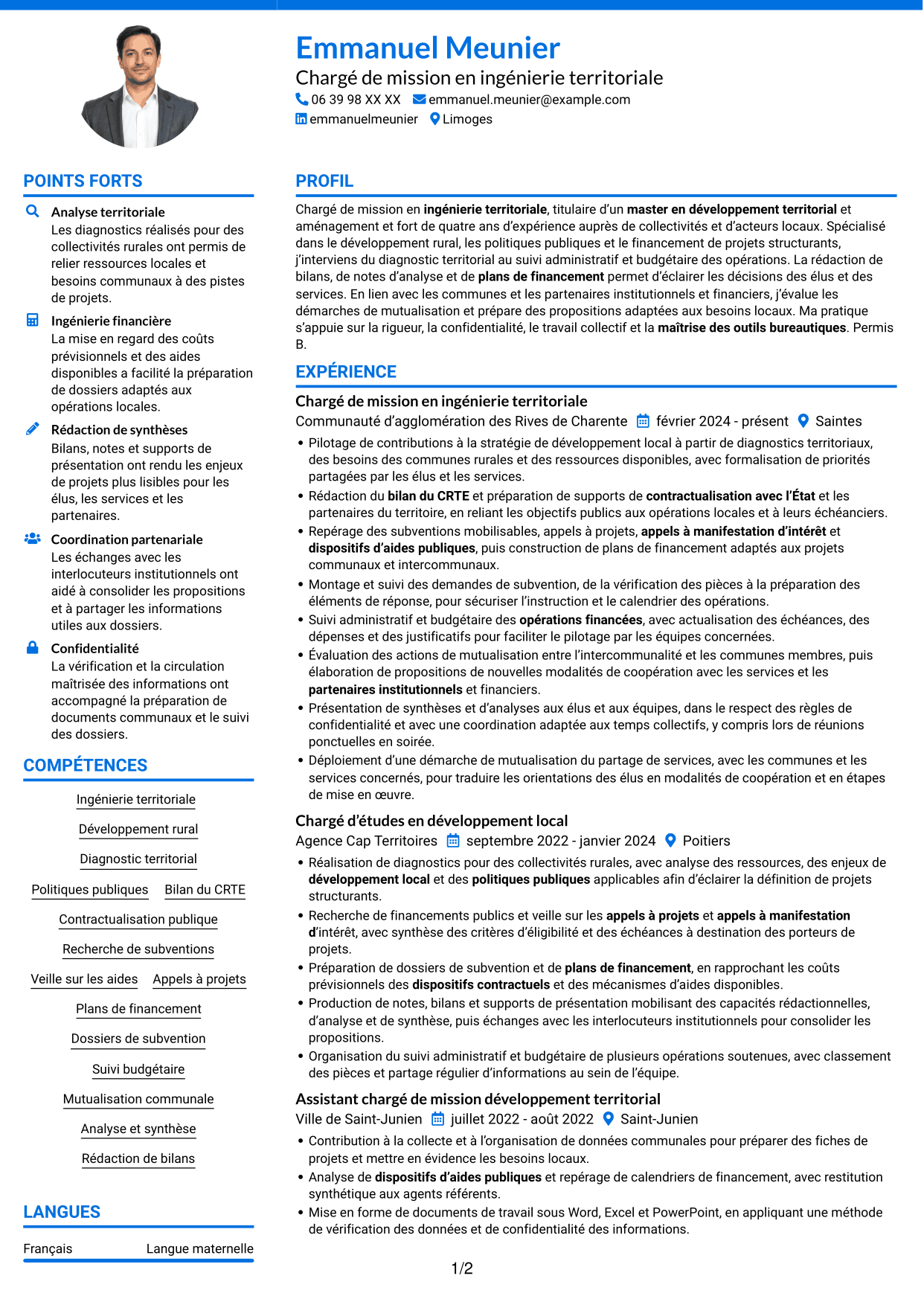 CV Audacieux (format à deux colonnes avec accents colorés et photo) : Chargé de mission - Ingénierie territoriale, page 1
