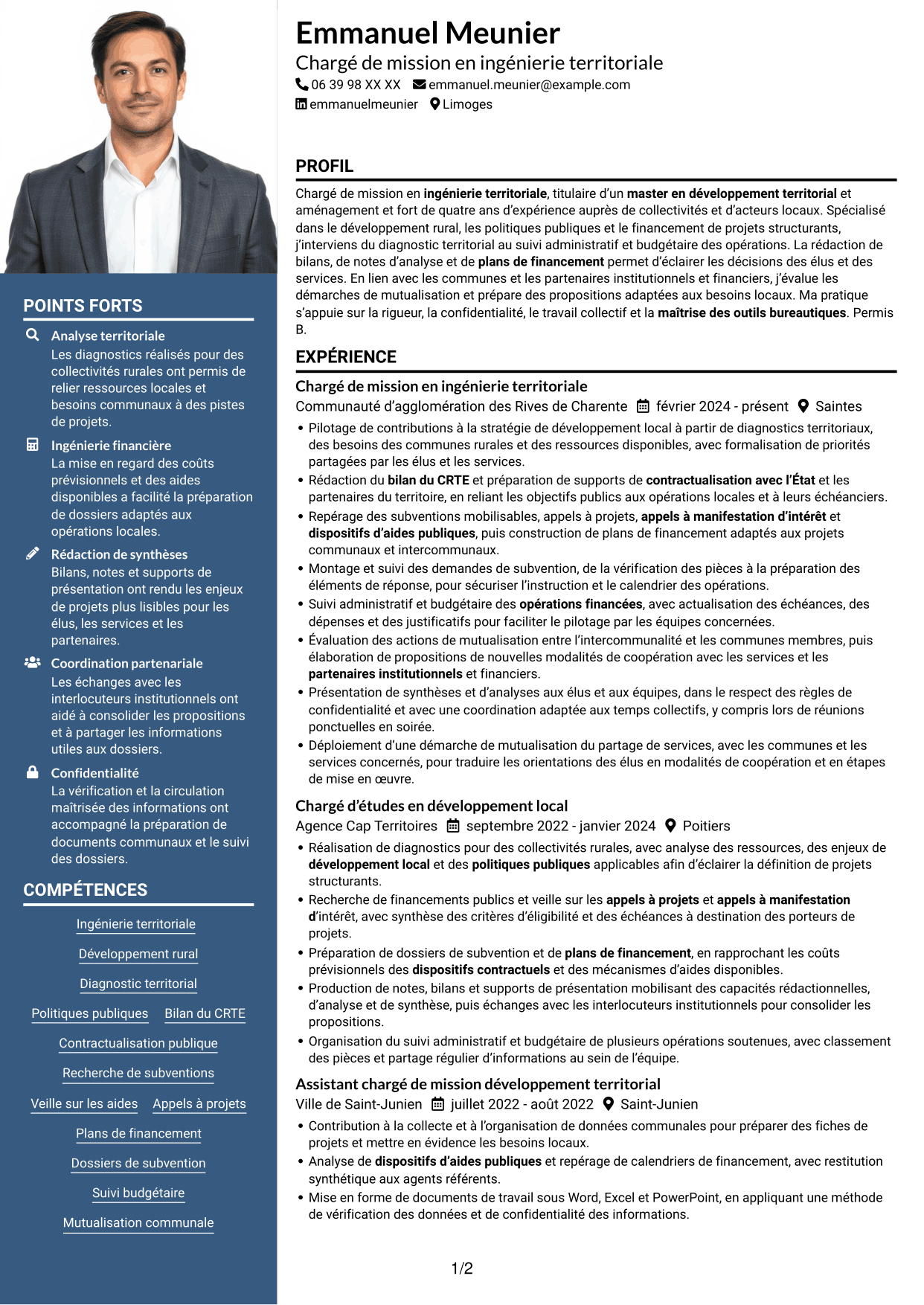 CV Signature (format à colonne latérale colorée avec grande photo) : Chargé de mission - Ingénierie territoriale, page 1
