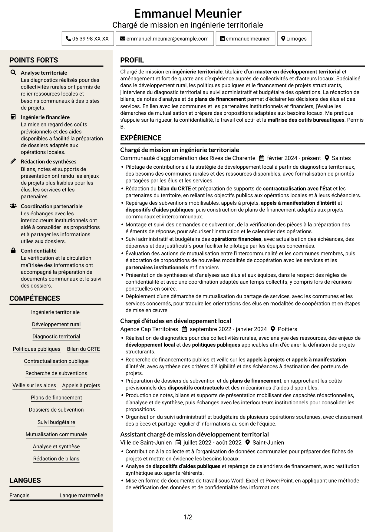 CV Fonceur (format à deux colonnes avec en-tête centré sans photo) : Chargé de mission - Ingénierie territoriale, page 1