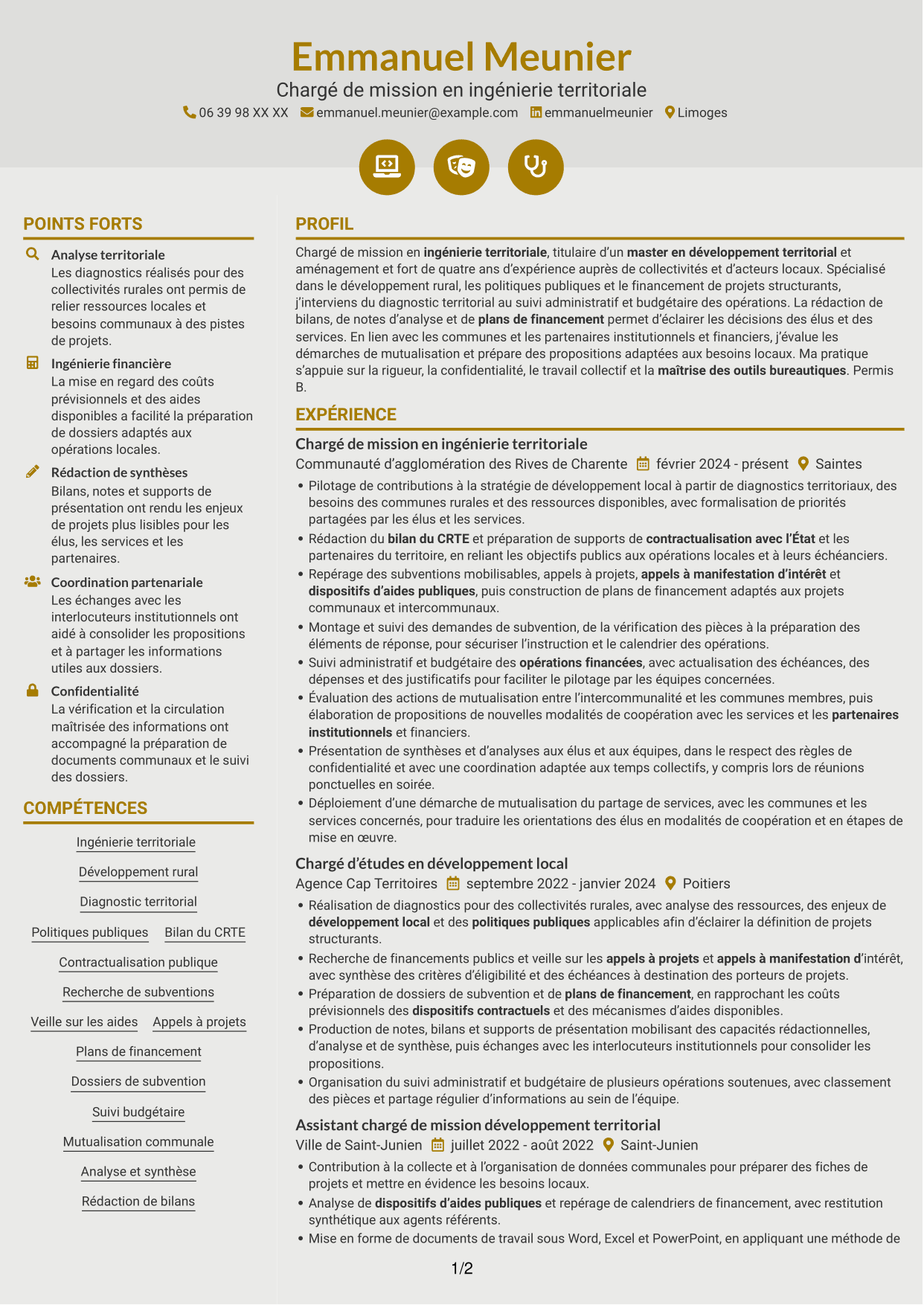 CV Dynamique (format à deux colonnes avec icônes) : Chargé de mission - Ingénierie territoriale, page 1