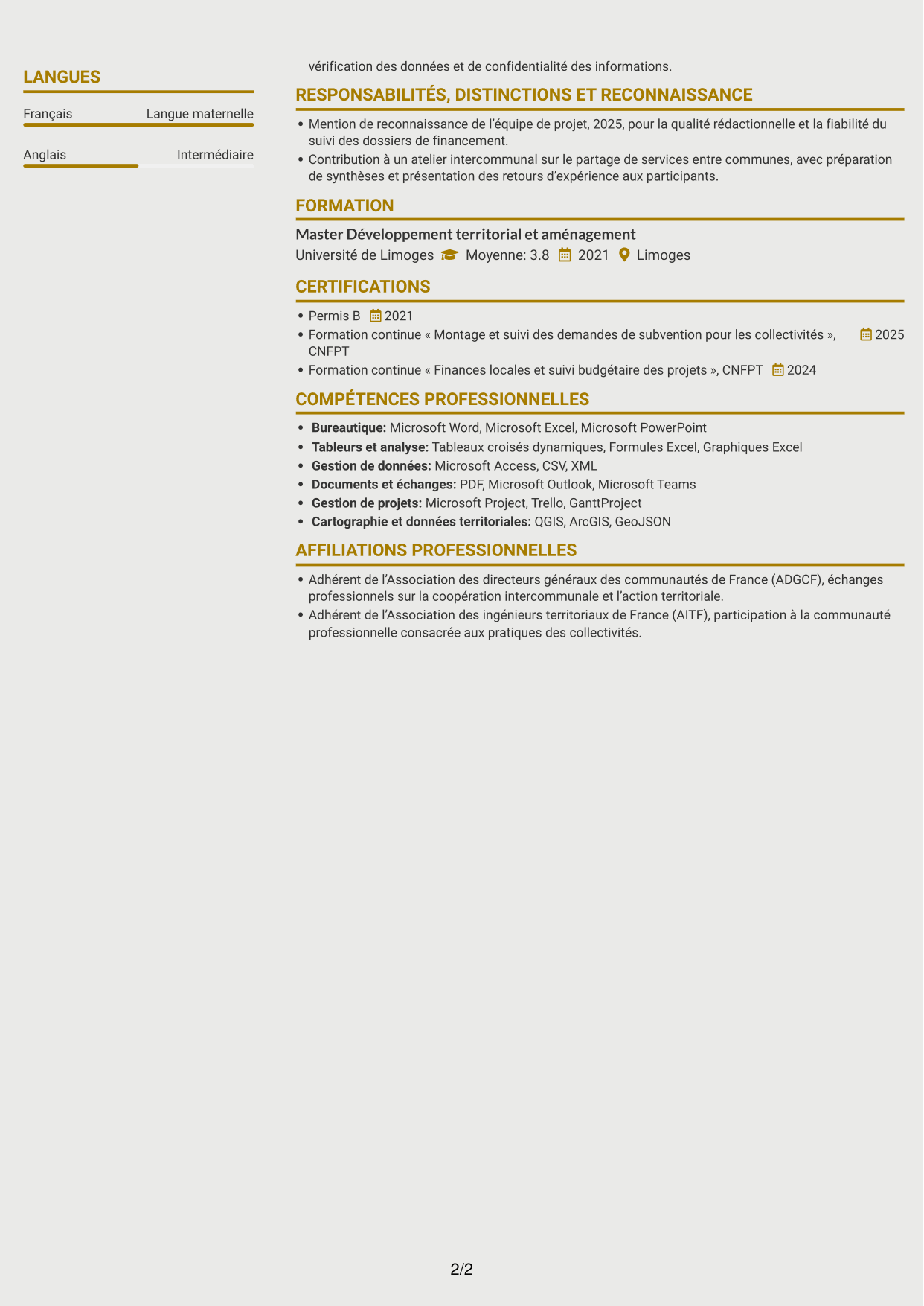 CV Dynamique (format à deux colonnes avec icônes) : Chargé de mission - Ingénierie territoriale, page 2